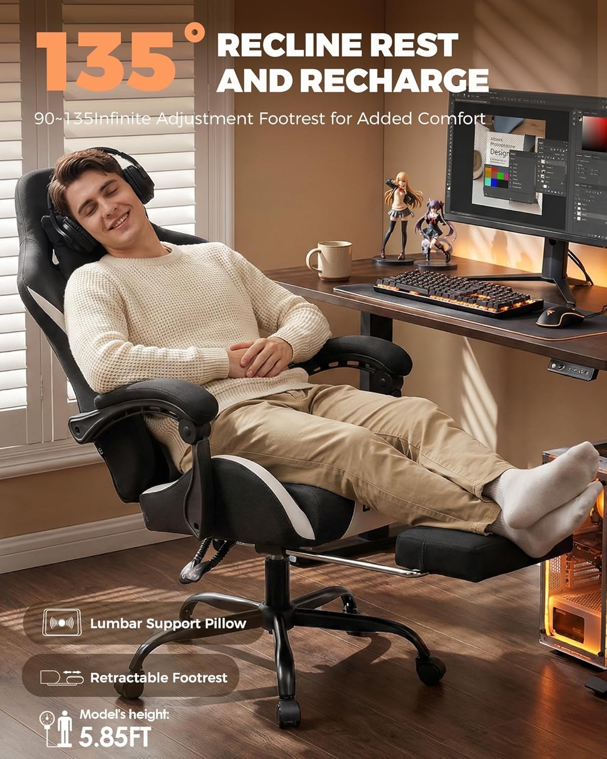 image:imageGTPLAYER Gaming Chair with Foot Rest amp Pocket Spring Cushion Ergonomic High Back Computer Desk Chair with Headrest amp Lumbar Support for Back Pain Relief Breathable Fabric MistBlueBlack