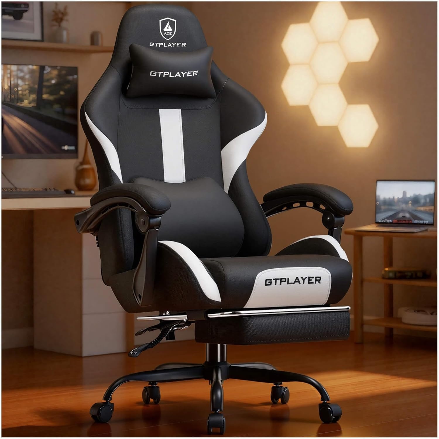 image:imageGTPLAYER Gaming Chair with Foot Rest amp Pocket Spring Cushion Ergonomic High Back Computer Desk Chair with Headrest amp Lumbar Support for Back Pain Relief Breathable Fabric MistBlueBlack