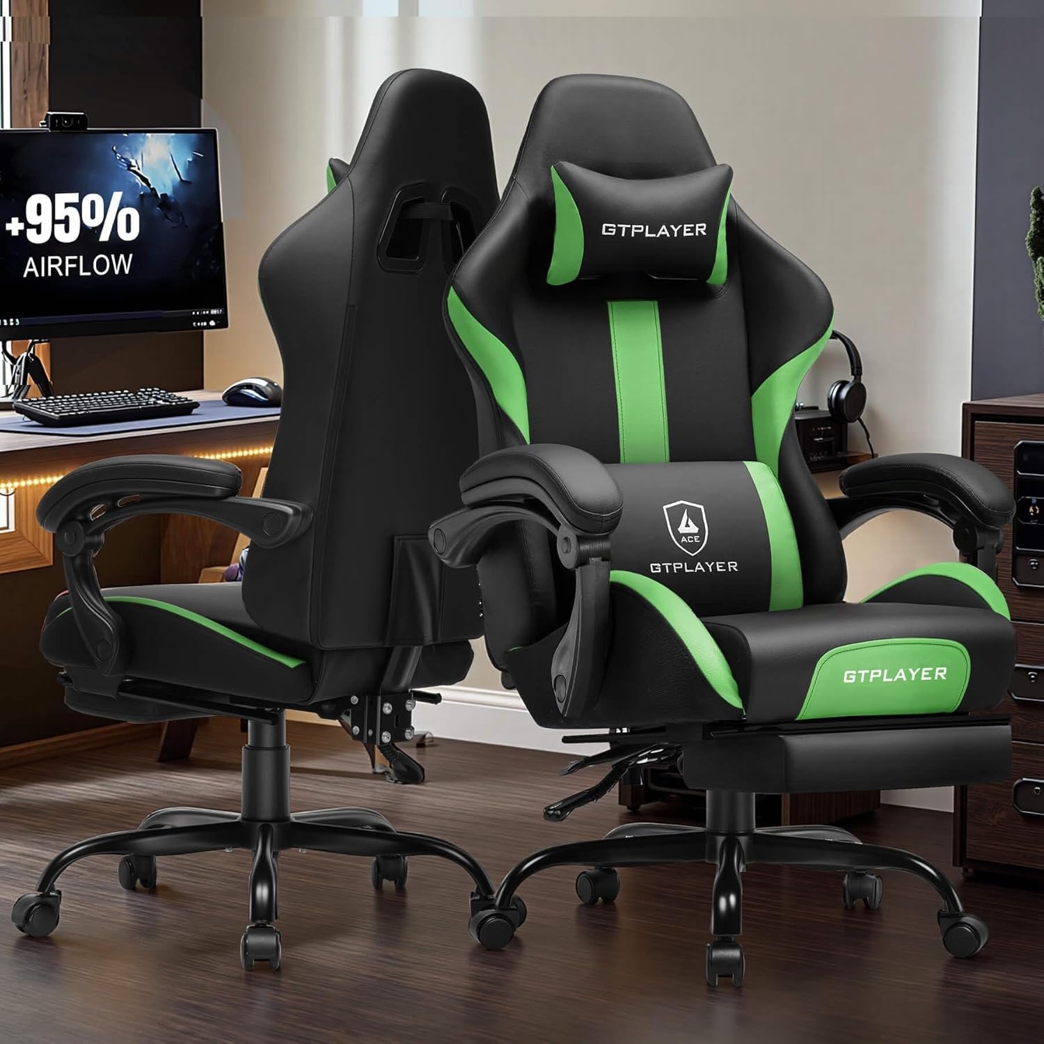 image:imageGTPLAYER Gaming Chair with Foot Rest amp Pocket Spring Cushion Ergonomic High Back Computer Desk Chair with Headrest amp Lumbar Support for Back Pain Relief Breathable Fabric MistBlueGrassgreen