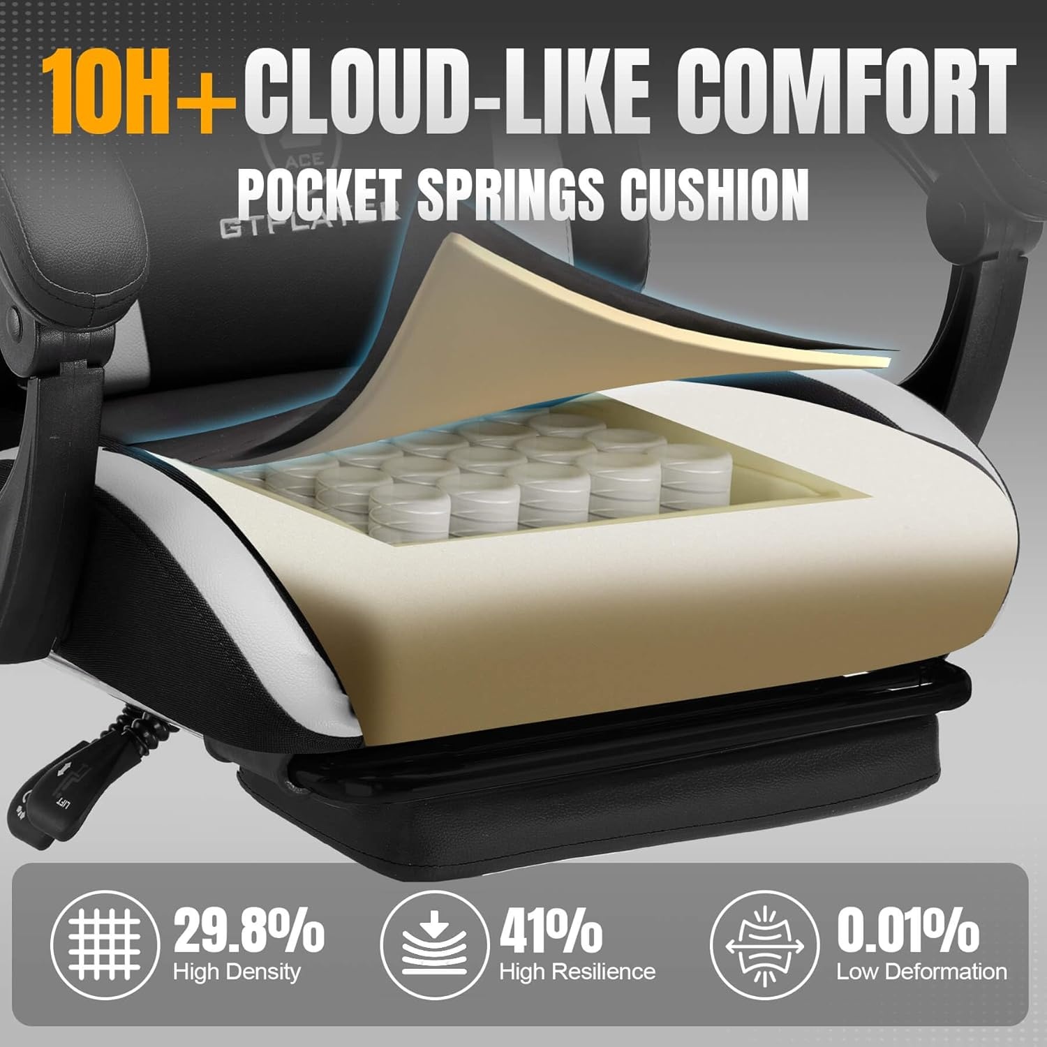 image:imageGTPLAYER Gaming Chair with Foot Rest amp Pocket Spring Cushion Ergonomic High Back Computer Desk Chair with Headrest amp Lumbar Support for Back Pain Relief Breathable Fabric MistBlueBlack