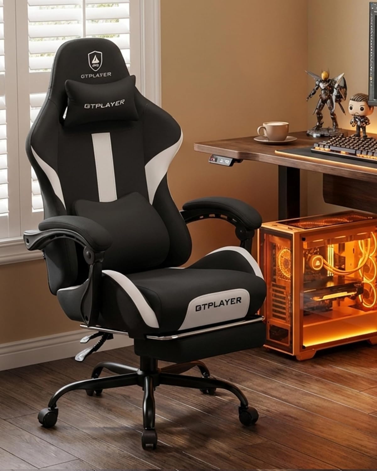 image:imageGTPLAYER Gaming Chair with Foot Rest amp Pocket Spring Cushion Ergonomic High Back Computer Desk Chair with Headrest amp Lumbar Support for Back Pain Relief Breathable Fabric MistBlueBlack