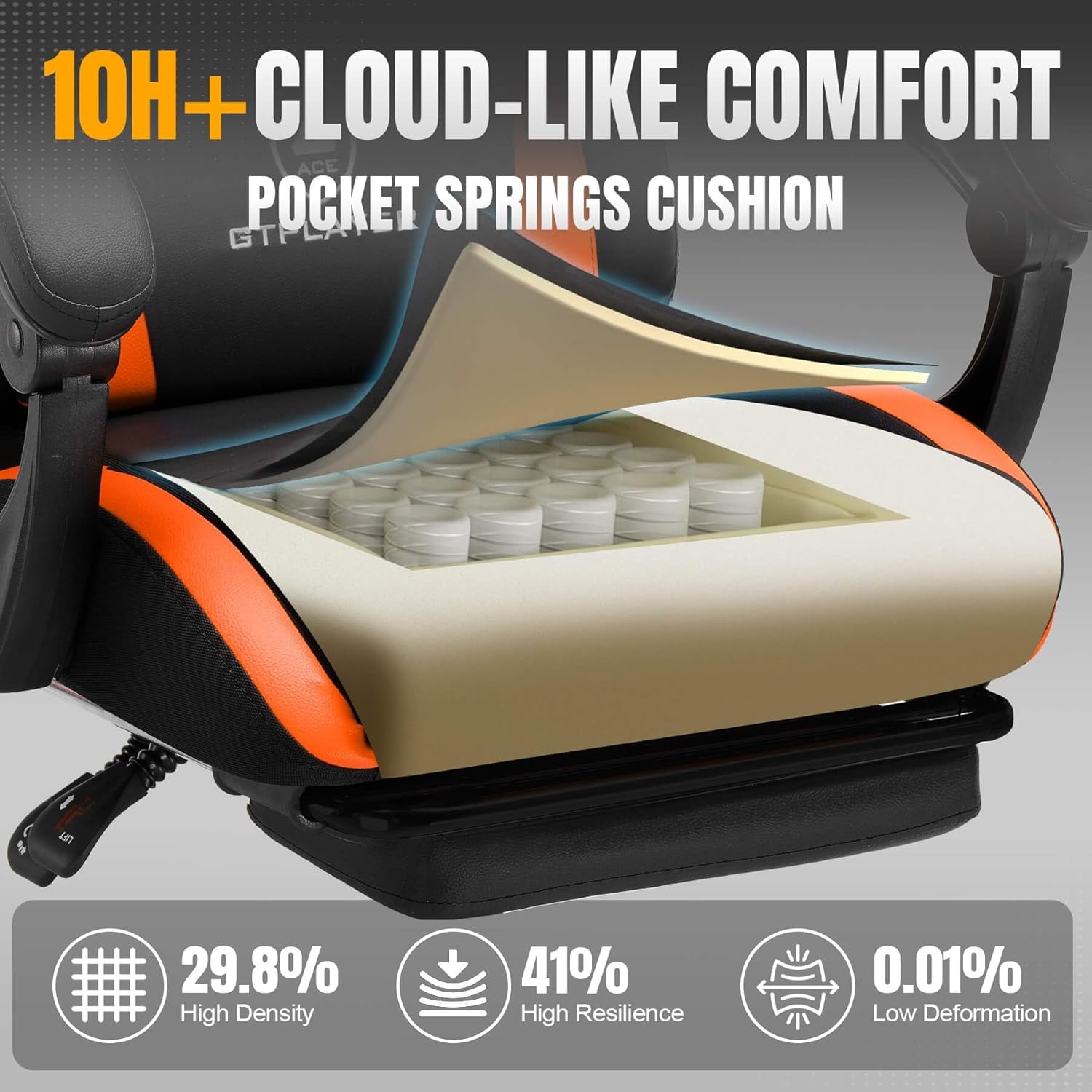 image:imageGTPLAYER Gaming Chair with Foot Rest amp Pocket Spring Cushion Ergonomic High Back Computer Desk Chair with Headrest amp Lumbar Support for Back Pain Relief Breathable Fabric MistBlueOrange
