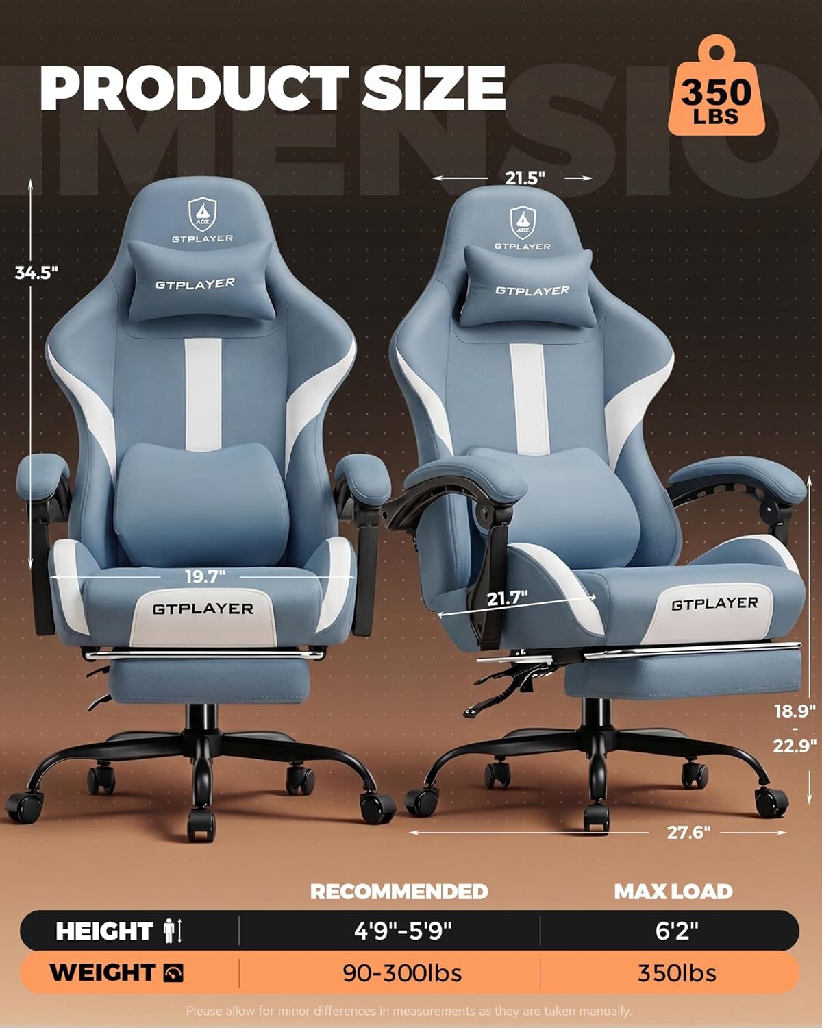 image:imageGTPLAYER Gaming Chair with Foot Rest amp Pocket Spring Cushion Ergonomic High Back Computer Desk Chair with Headrest amp Lumbar Support for Back Pain Relief Breathable Fabric MistBlueSkyblue