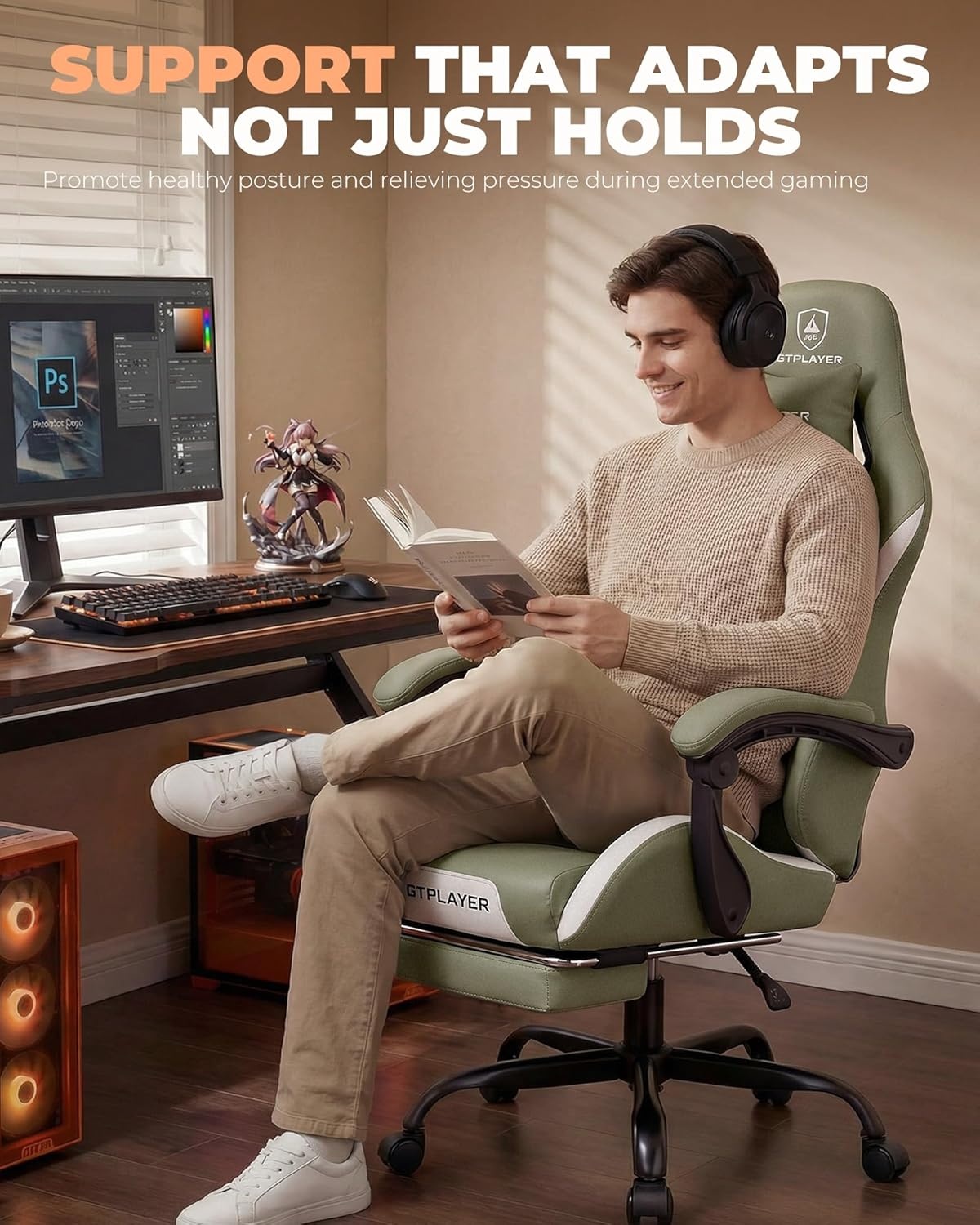 image:imageGTPLAYER Gaming Chair with Foot Rest amp Pocket Spring Cushion Ergonomic High Back Computer Desk Chair with Headrest amp Lumbar Support for Back Pain Relief Breathable Fabric MistBlueGreen