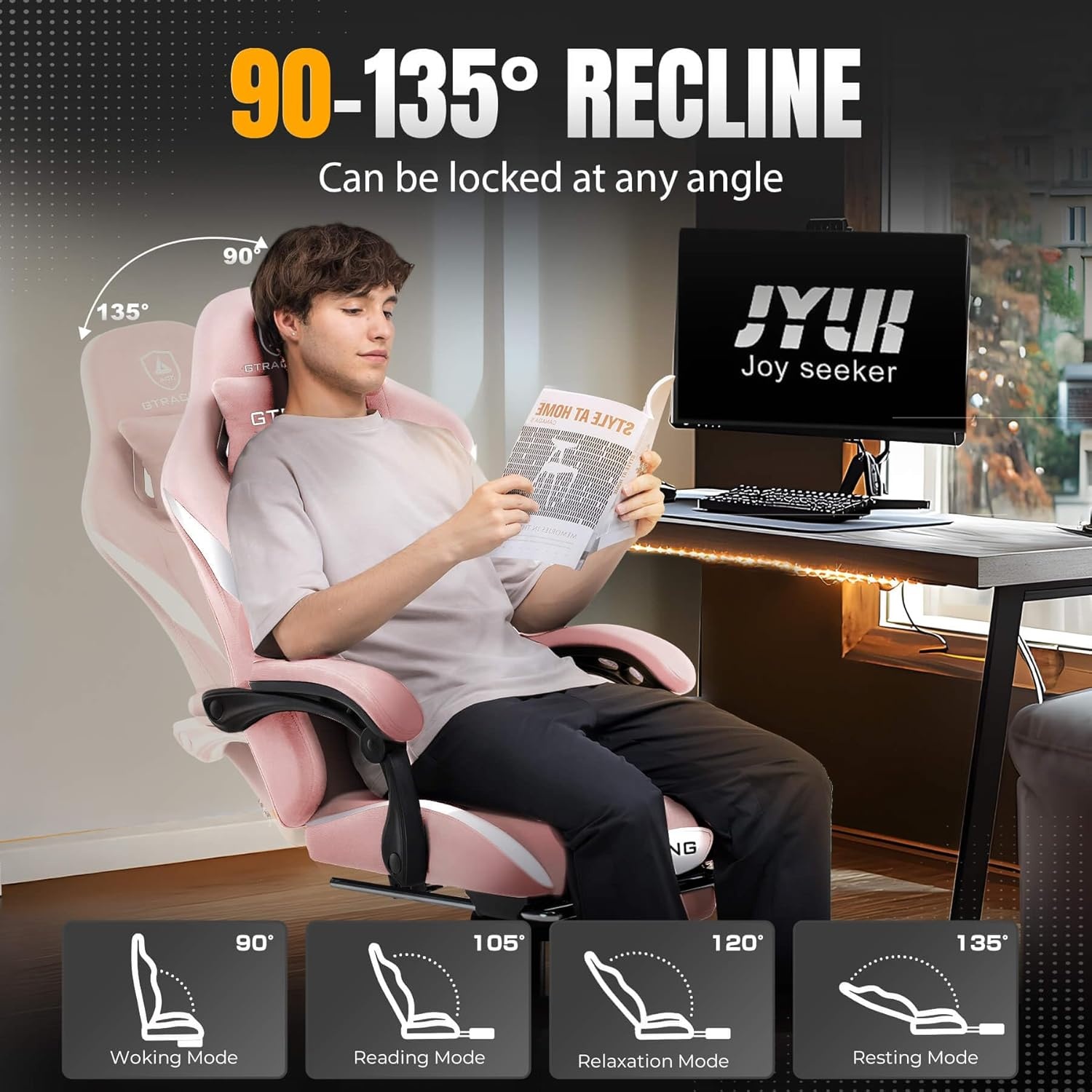 image:imageGTPLAYER Gaming Chair with Foot Rest amp Pocket Spring Cushion Ergonomic High Back Computer Desk Chair with Headrest amp Lumbar Support for Back Pain Relief Breathable Fabric MistBluePink
