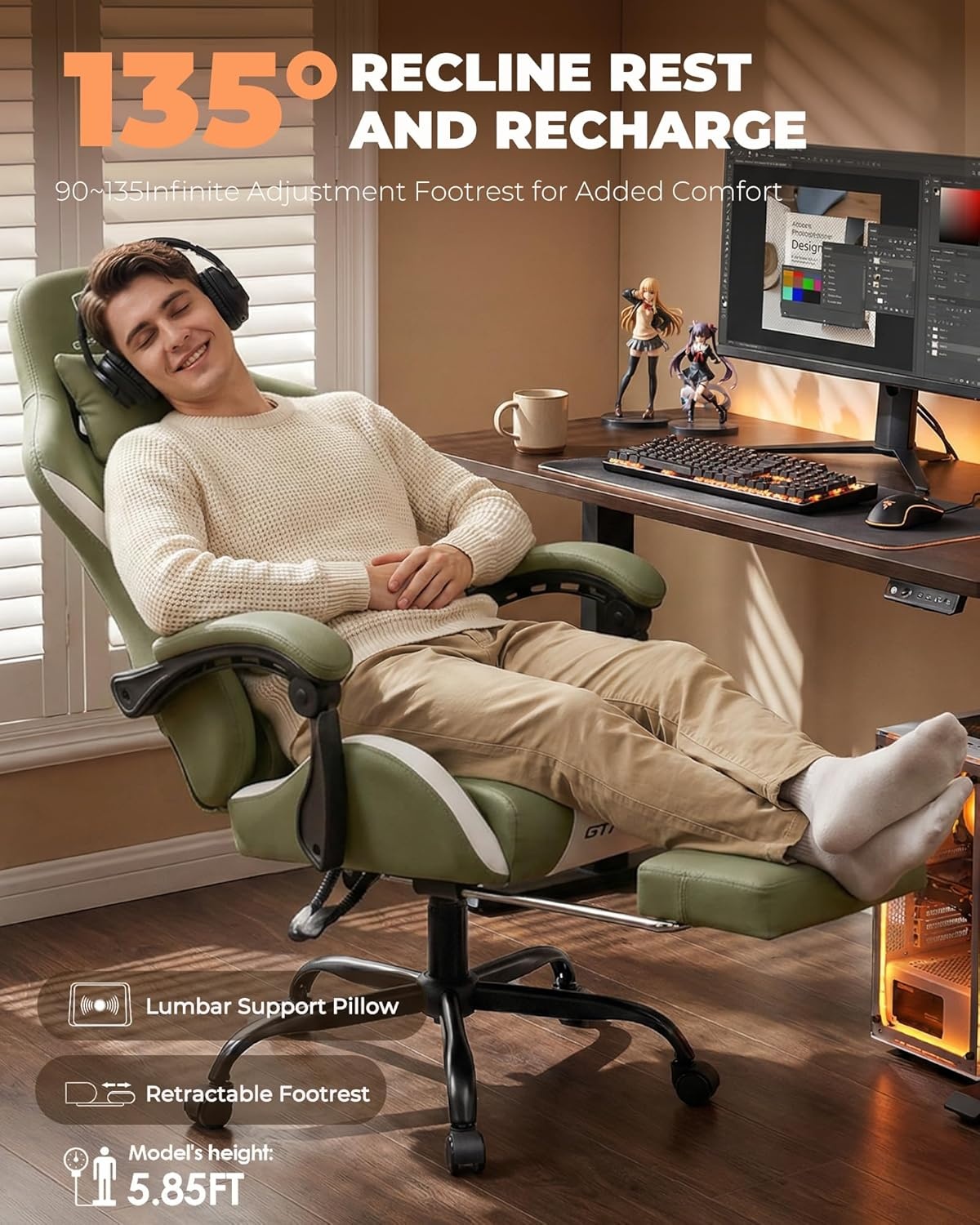 image:imageGTPLAYER Gaming Chair with Foot Rest amp Pocket Spring Cushion Ergonomic High Back Computer Desk Chair with Headrest amp Lumbar Support for Back Pain Relief Breathable Fabric MistBlueGreen