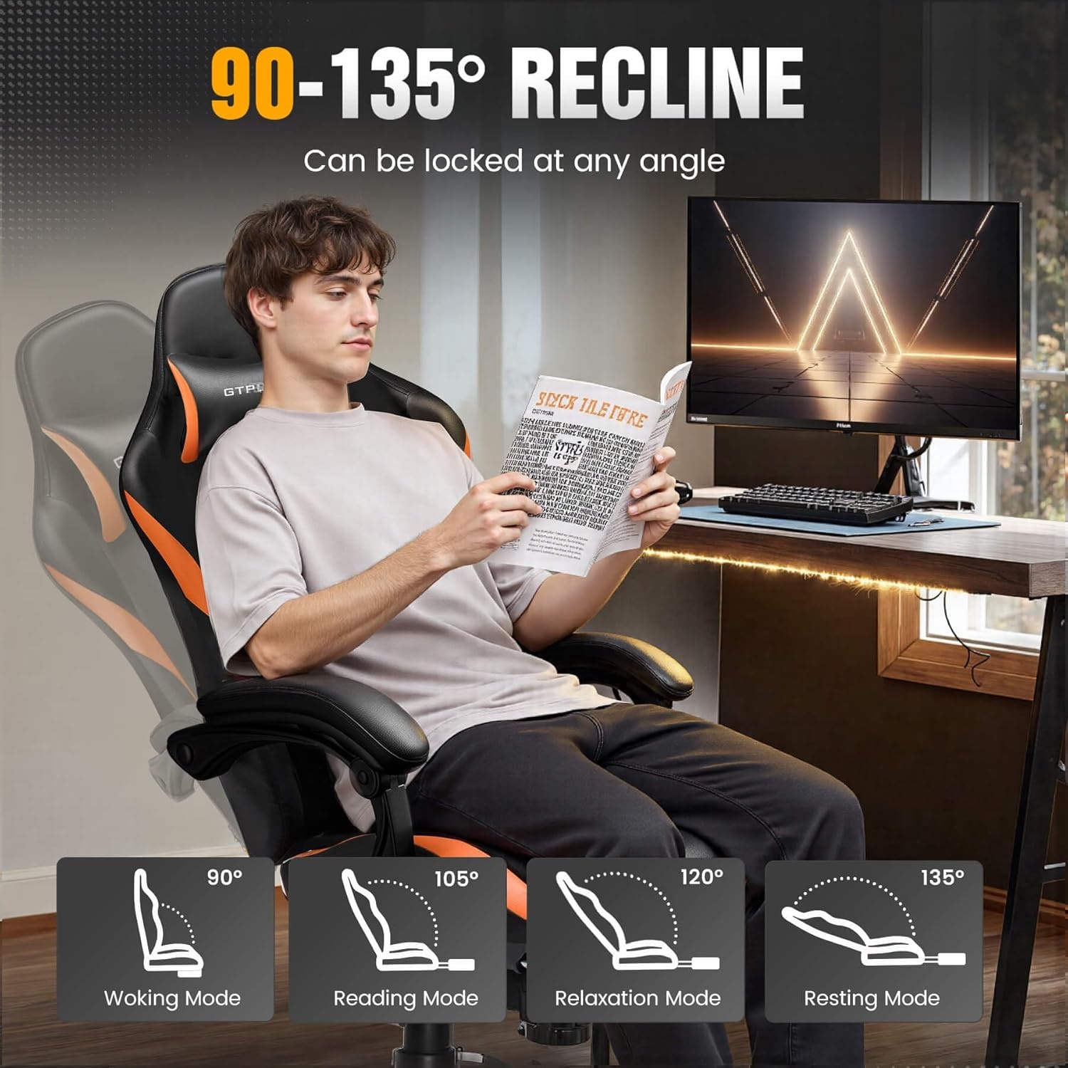 image:imageGTPLAYER Gaming Chair with Foot Rest amp Pocket Spring Cushion Ergonomic High Back Computer Desk Chair with Headrest amp Lumbar Support for Back Pain Relief Breathable Fabric MistBlueOrange