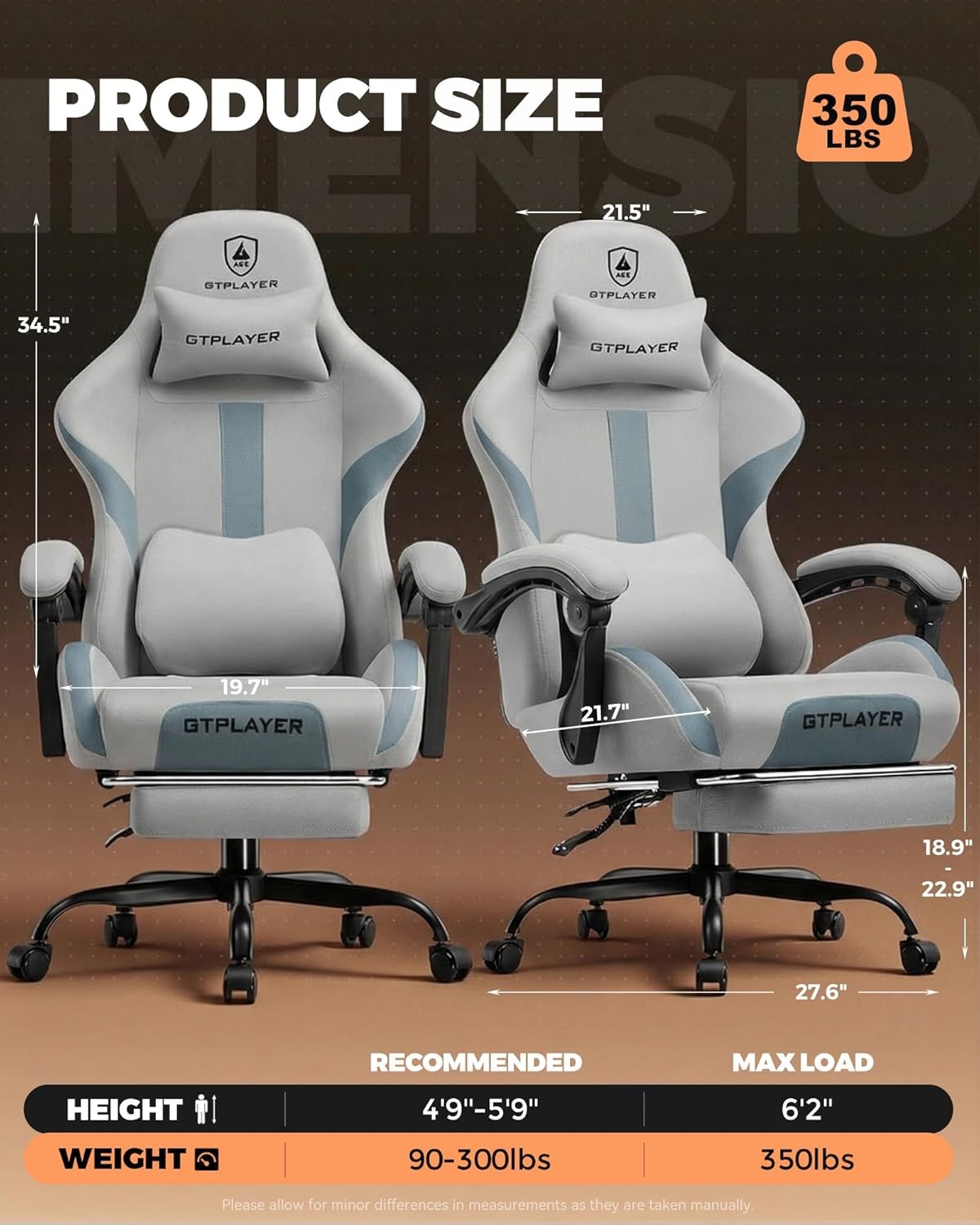 image:imageGTPLAYER Gaming Chair with Foot Rest amp Pocket Spring Cushion Ergonomic High Back Computer Desk Chair with Headrest amp Lumbar Support for Back Pain Relief Breathable Fabric MistBlueMistblue
