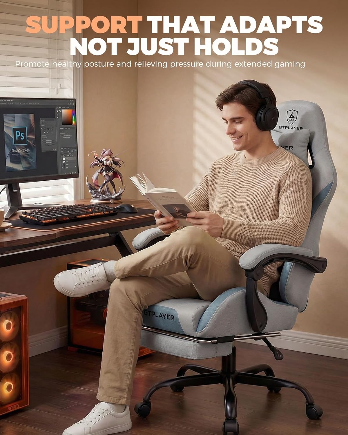 image:imageGTPLAYER Gaming Chair with Foot Rest amp Pocket Spring Cushion Ergonomic High Back Computer Desk Chair with Headrest amp Lumbar Support for Back Pain Relief Breathable Fabric MistBlueMistblue
