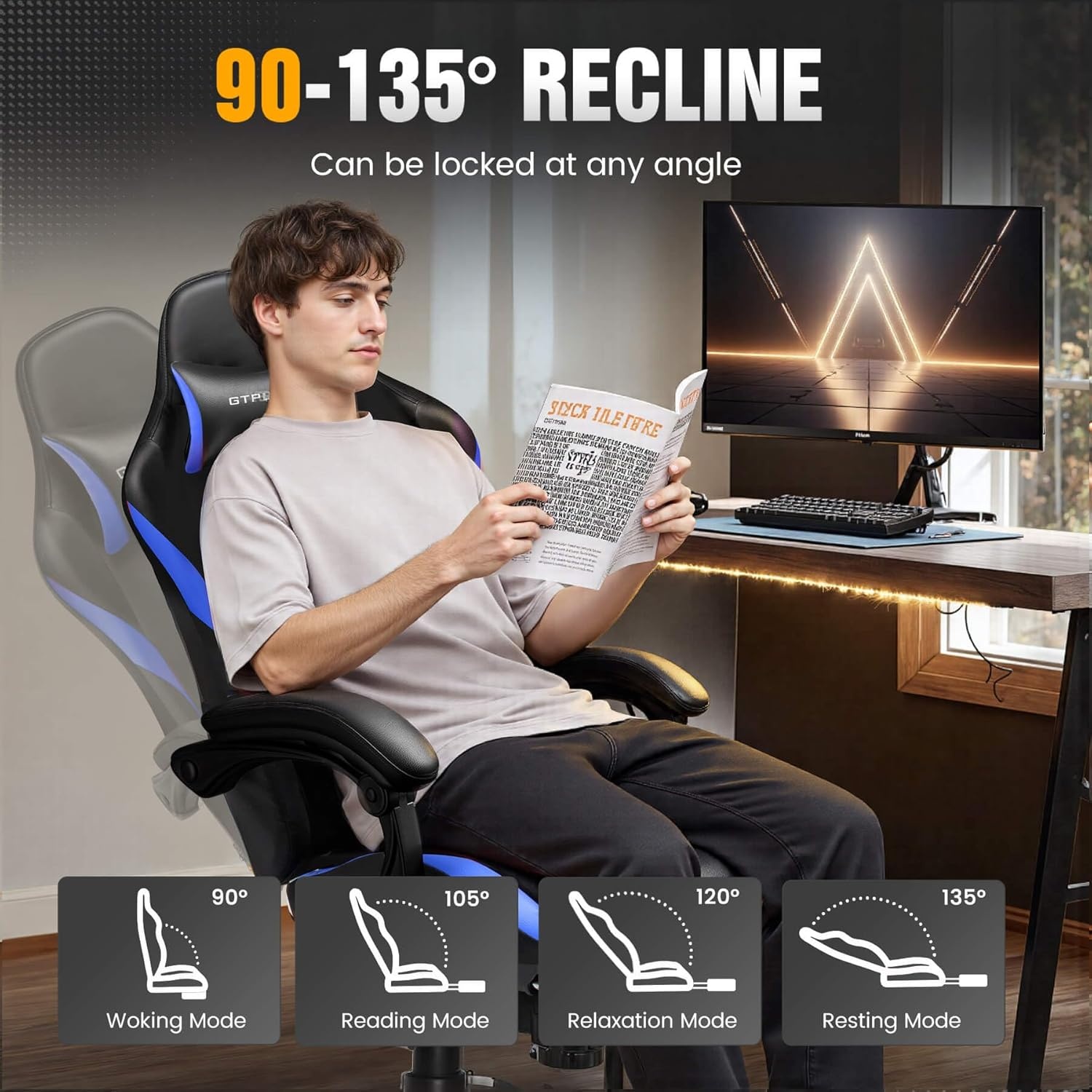 image:imageGTPLAYER Gaming Chair with Foot Rest amp Pocket Spring Cushion Ergonomic High Back Computer Desk Chair with Headrest amp Lumbar Support for Back Pain Relief Breathable Fabric MistBlueCobaltblue