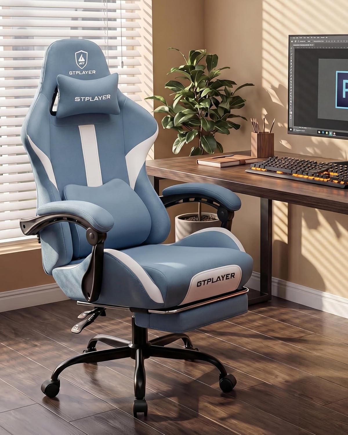 image:imageGTPLAYER Gaming Chair with Foot Rest amp Pocket Spring Cushion Ergonomic High Back Computer Desk Chair with Headrest amp Lumbar Support for Back Pain Relief Breathable Fabric MistBlueSkyblue