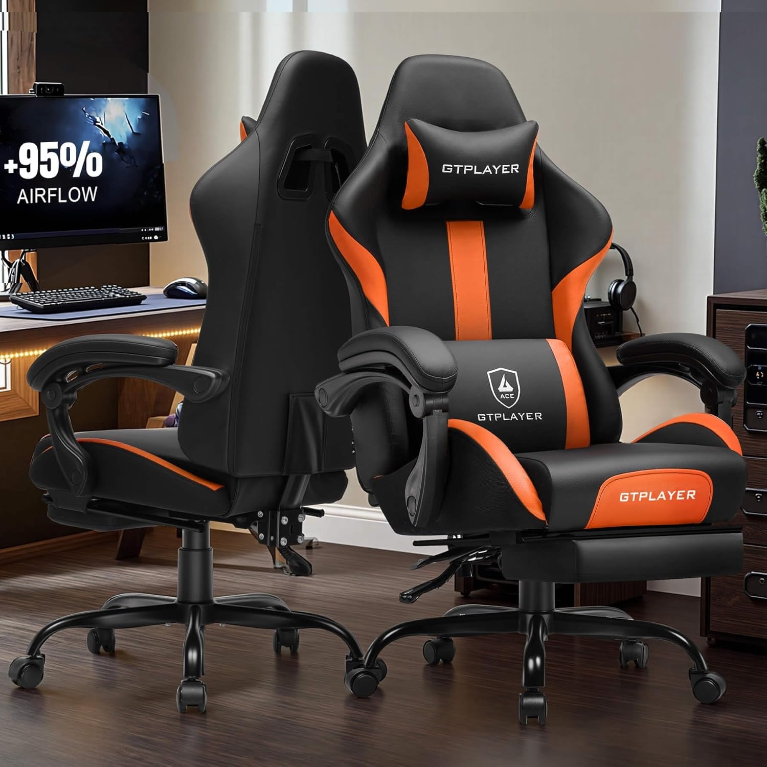 image:imageGTPLAYER Gaming Chair with Foot Rest amp Pocket Spring Cushion Ergonomic High Back Computer Desk Chair with Headrest amp Lumbar Support for Back Pain Relief Breathable Fabric MistBlueOrange