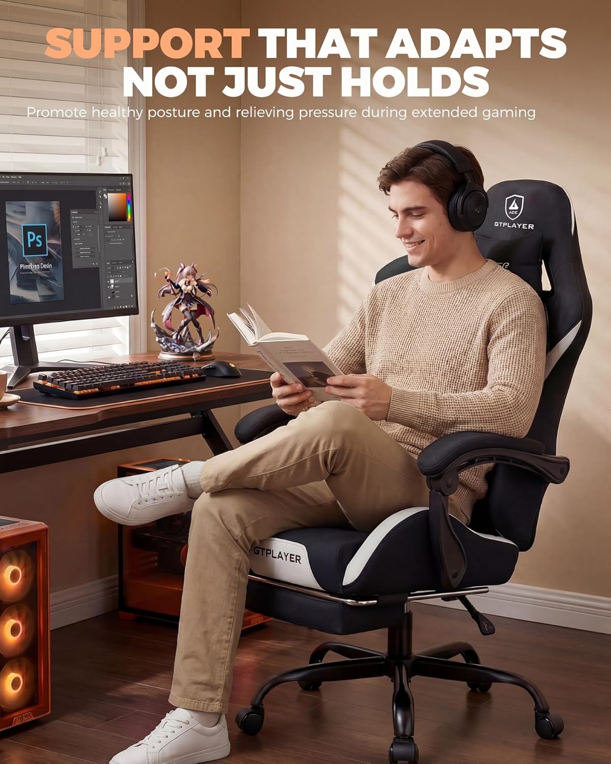 image:imageGTPLAYER Gaming Chair with Foot Rest amp Pocket Spring Cushion Ergonomic High Back Computer Desk Chair with Headrest amp Lumbar Support for Back Pain Relief Breathable Fabric MistBlueBlack