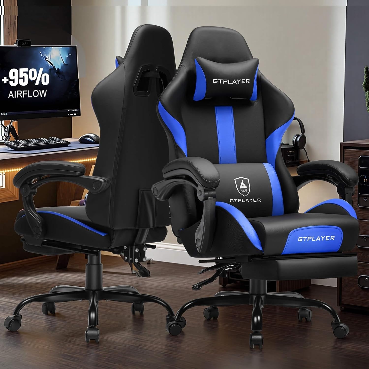 image:imageGTPLAYER Gaming Chair with Foot Rest amp Pocket Spring Cushion Ergonomic High Back Computer Desk Chair with Headrest amp Lumbar Support for Back Pain Relief Breathable Fabric MistBlueCobaltblue