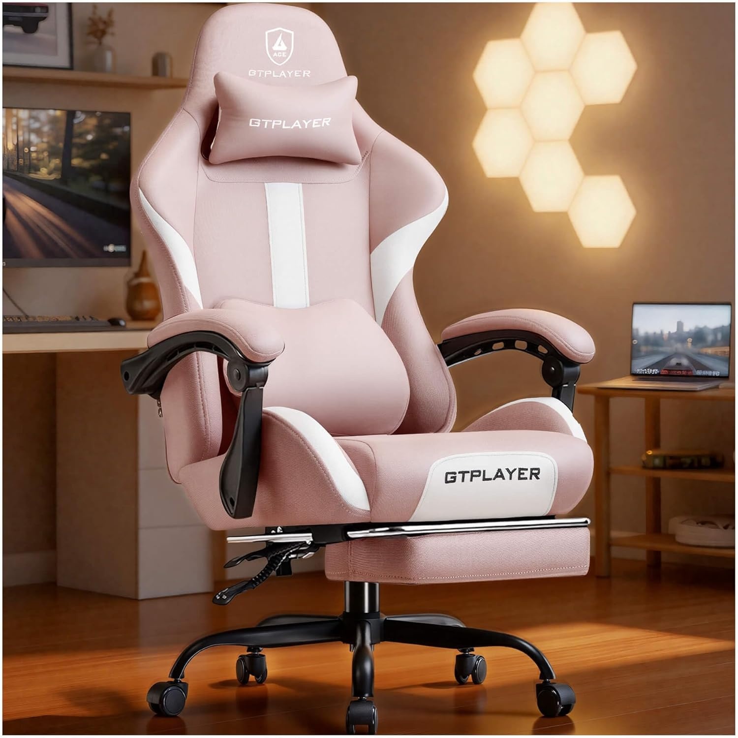 image:imageGTPLAYER Gaming Chair with Foot Rest amp Pocket Spring Cushion Ergonomic High Back Computer Desk Chair with Headrest amp Lumbar Support for Back Pain Relief Breathable Fabric MistBluePink
