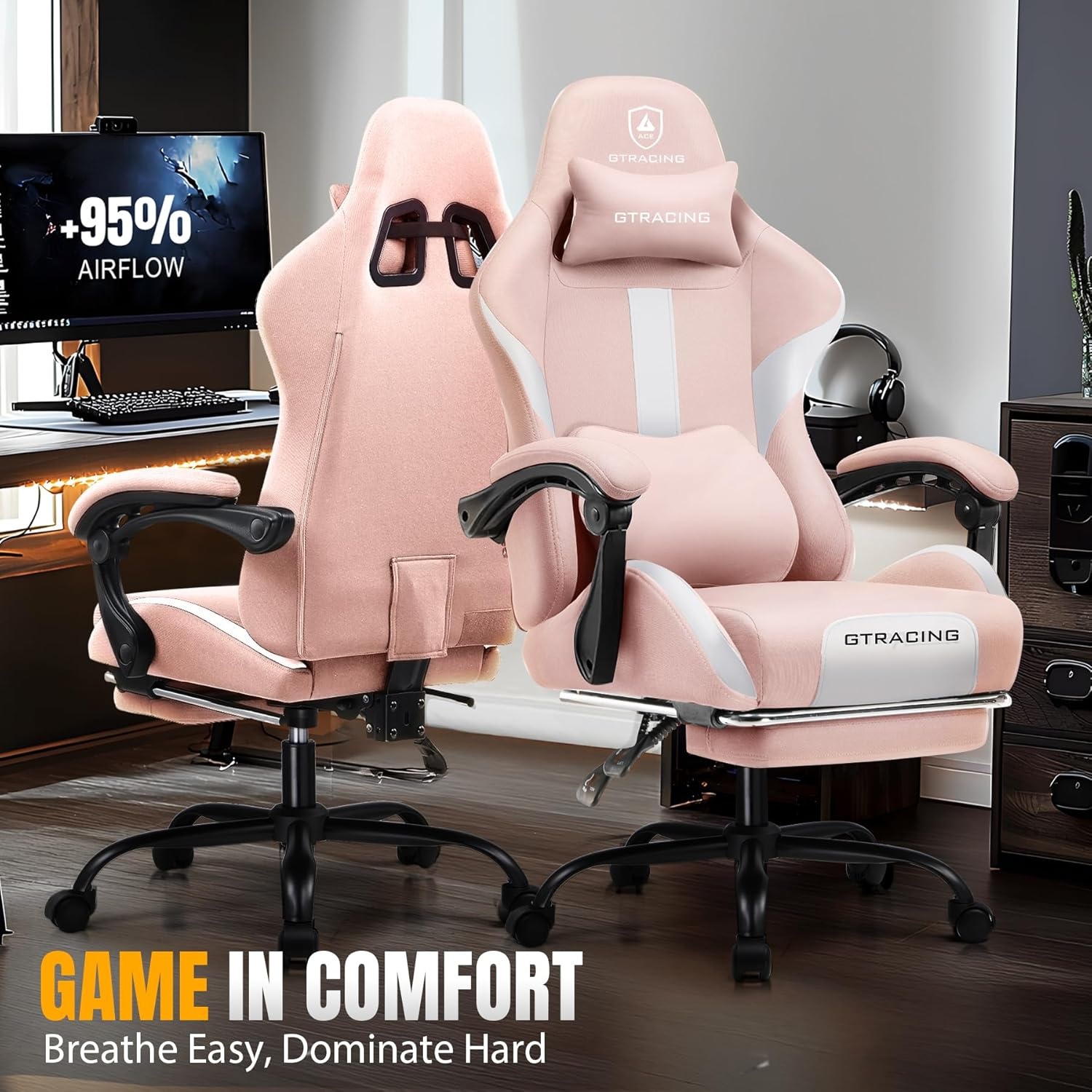 image:imageGTPLAYER Gaming Chair with Foot Rest amp Pocket Spring Cushion Ergonomic High Back Computer Desk Chair with Headrest amp Lumbar Support for Back Pain Relief Breathable Fabric MistBluePink