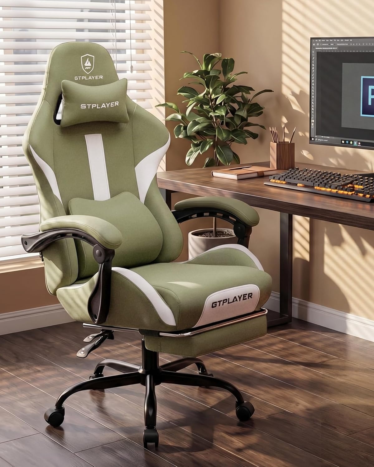 image:imageGTPLAYER Gaming Chair with Foot Rest amp Pocket Spring Cushion Ergonomic High Back Computer Desk Chair with Headrest amp Lumbar Support for Back Pain Relief Breathable Fabric MistBlueGreen