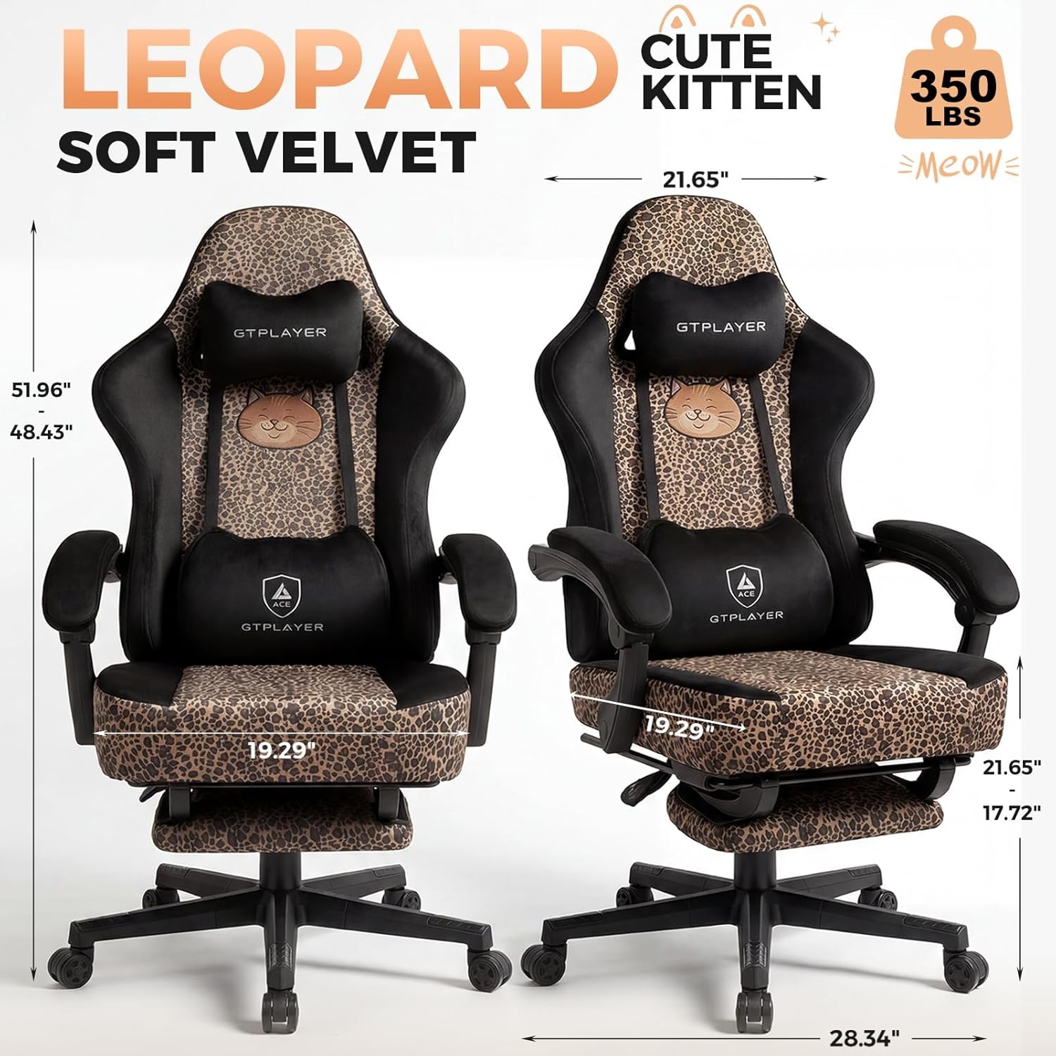 image:imageGTPLAYER Gaming Chair with Leopard Print Cat Cute Velvet Fabric Ergonomic Office Chair with Footrest Headrest and Lumbar Support Big and Tall Comfortable Video Gamer Chair for Women GiftLeopard Brown