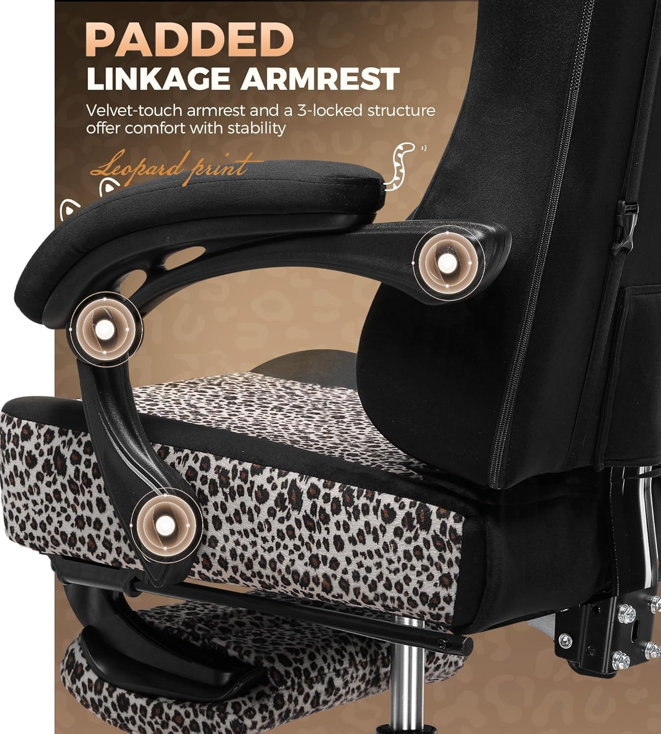 image:imageGTPLAYER Gaming Chair with Leopard Print Cat Cute Velvet Fabric Ergonomic Office Chair with Footrest Headrest and Lumbar Support Big and Tall Comfortable Video Gamer Chair for Women GiftLeopard White