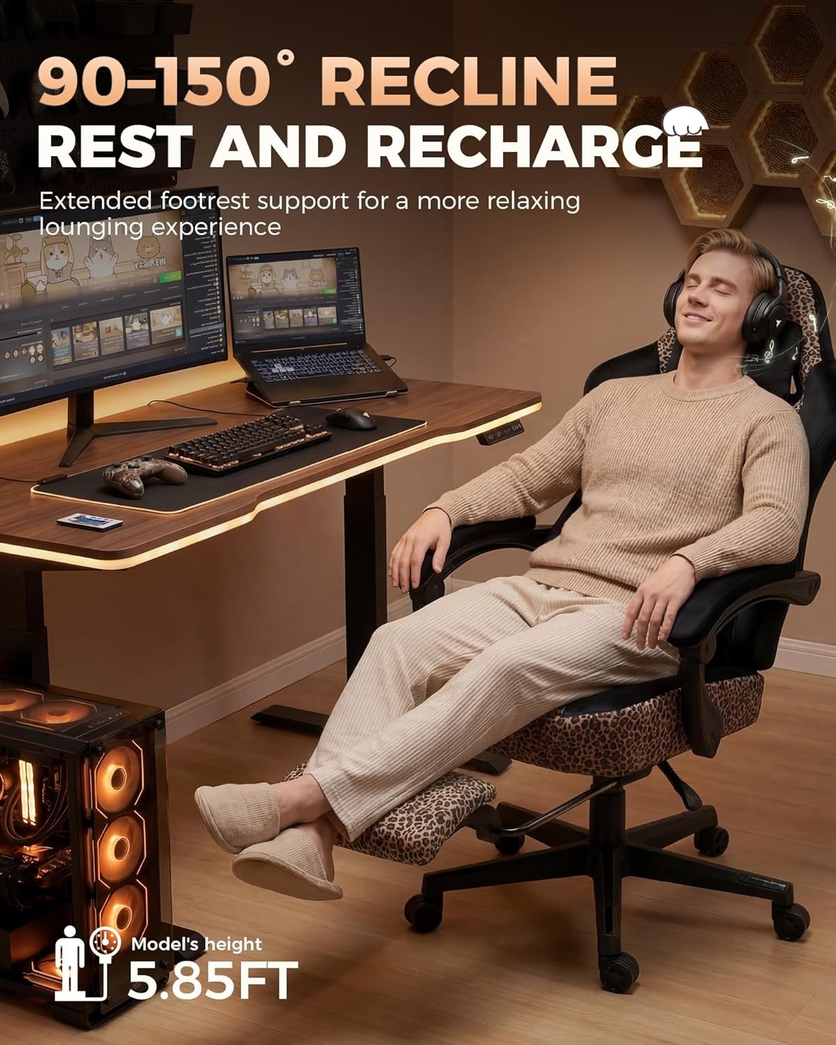 image:imageGTPLAYER Gaming Chair with Leopard Print Cat Cute Velvet Fabric Ergonomic Office Chair with Footrest Headrest and Lumbar Support Big and Tall Comfortable Video Gamer Chair for Women GiftLeopard Brown
