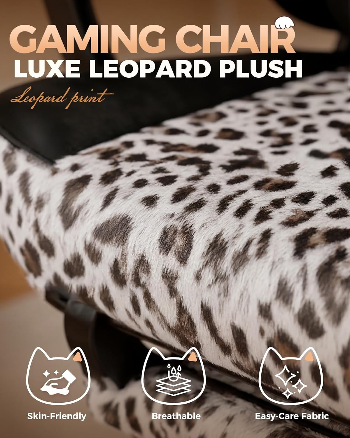 image:imageGTPLAYER Gaming Chair with Leopard Print Cat Cute Velvet Fabric Ergonomic Office Chair with Footrest Headrest and Lumbar Support Big and Tall Comfortable Video Gamer Chair for Women GiftLeopard White