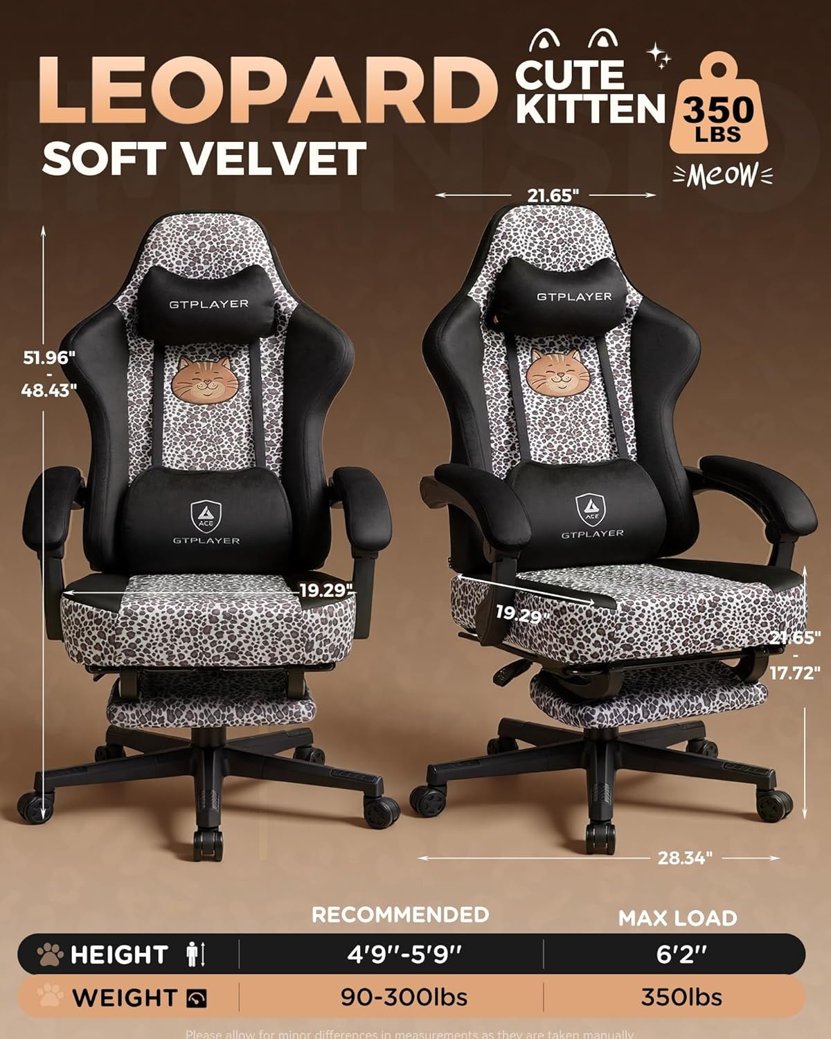 image:imageGTPLAYER Gaming Chair with Leopard Print Cat Cute Velvet Fabric Ergonomic Office Chair with Footrest Headrest and Lumbar Support Big and Tall Comfortable Video Gamer Chair for Women GiftLeopard White