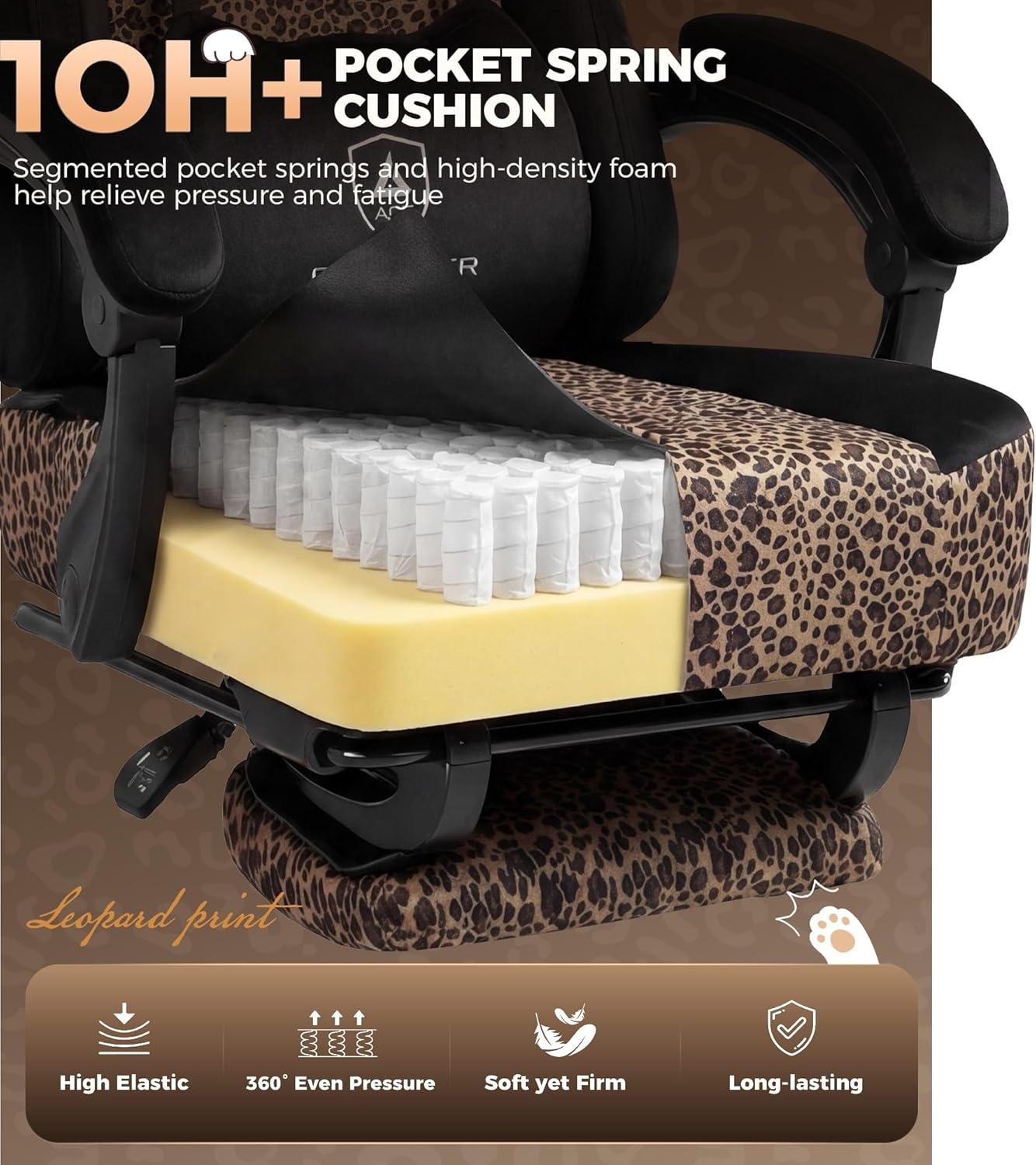 image:imageGTPLAYER Gaming Chair with Leopard Print Cat Cute Velvet Fabric Ergonomic Office Chair with Footrest Headrest and Lumbar Support Big and Tall Comfortable Video Gamer Chair for Women GiftLeopard Brown