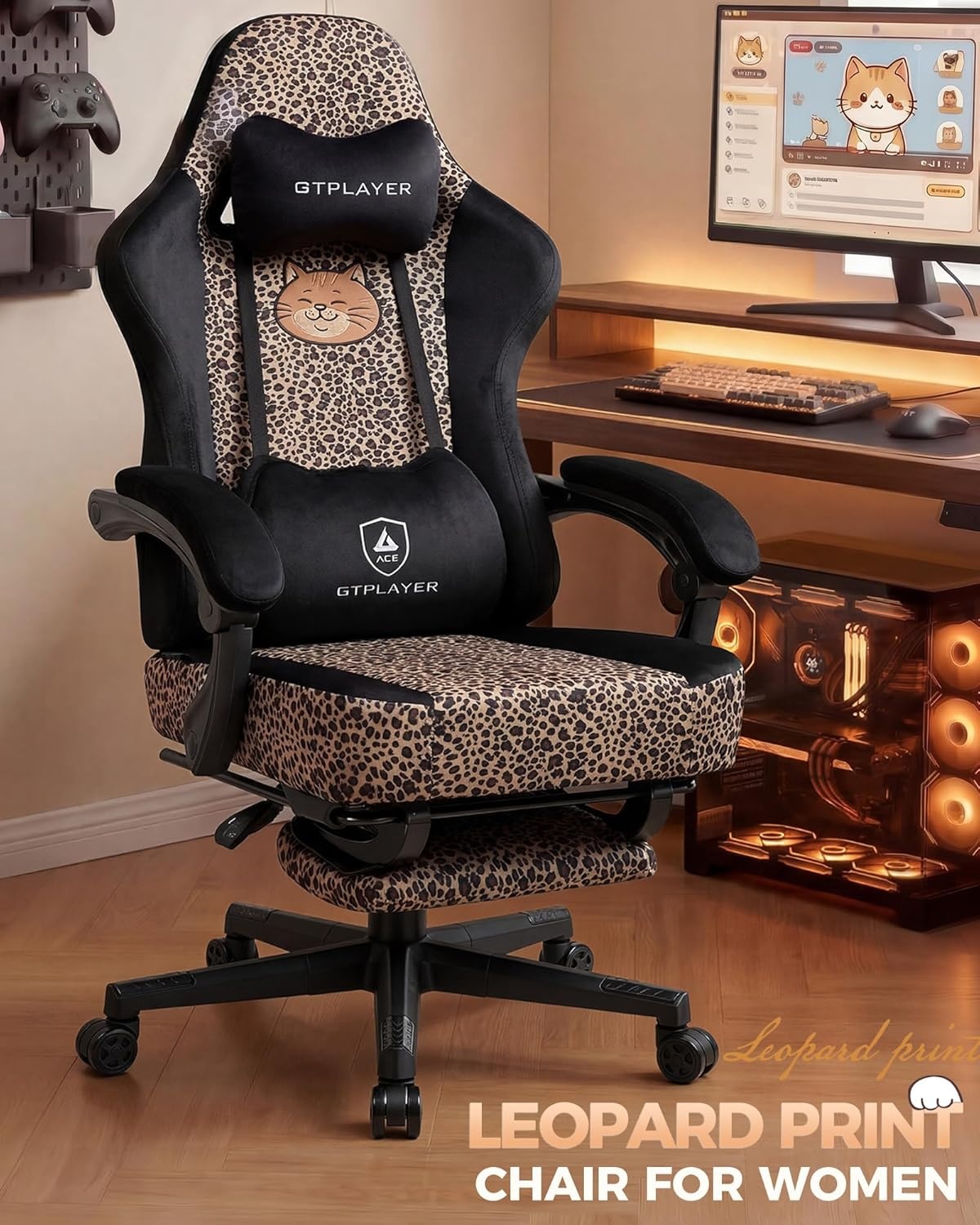 image:imageGTPLAYER Gaming Chair with Leopard Print Cat Cute Velvet Fabric Ergonomic Office Chair with Footrest Headrest and Lumbar Support Big and Tall Comfortable Video Gamer Chair for Women GiftLeopard Brown