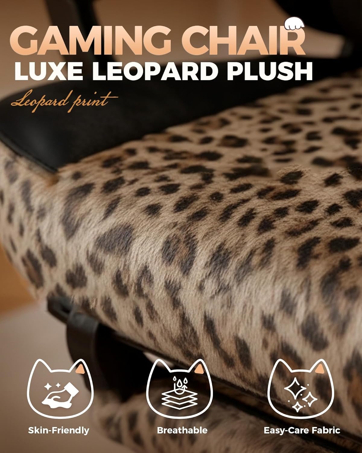 image:imageGTPLAYER Gaming Chair with Leopard Print Cat Cute Velvet Fabric Ergonomic Office Chair with Footrest Headrest and Lumbar Support Big and Tall Comfortable Video Gamer Chair for Women GiftLeopard Retro Bn