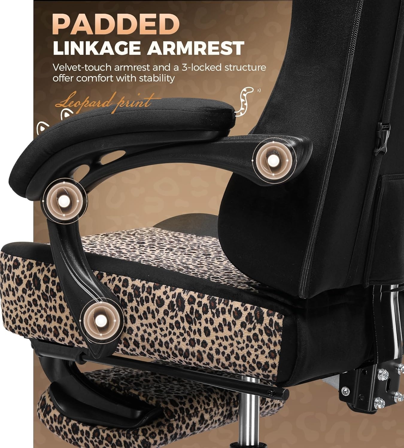 image:imageGTPLAYER Gaming Chair with Leopard Print Cat Cute Velvet Fabric Ergonomic Office Chair with Footrest Headrest and Lumbar Support Big and Tall Comfortable Video Gamer Chair for Women GiftLeopard Retro Bn