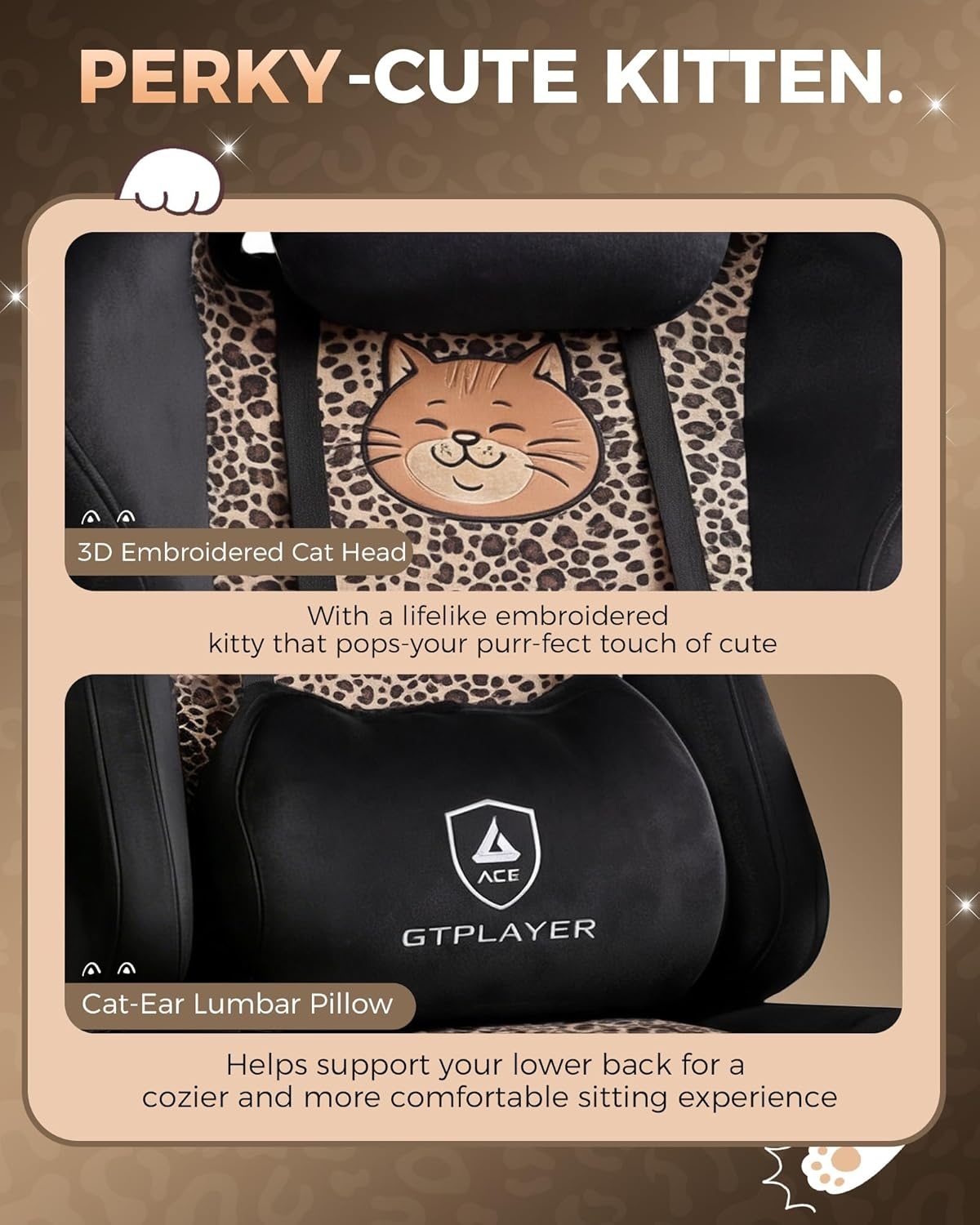image:imageGTPLAYER Gaming Chair with Leopard Print Cat Cute Velvet Fabric Ergonomic Office Chair with Footrest Headrest and Lumbar Support Big and Tall Comfortable Video Gamer Chair for Women GiftLeopard Retro Bn
