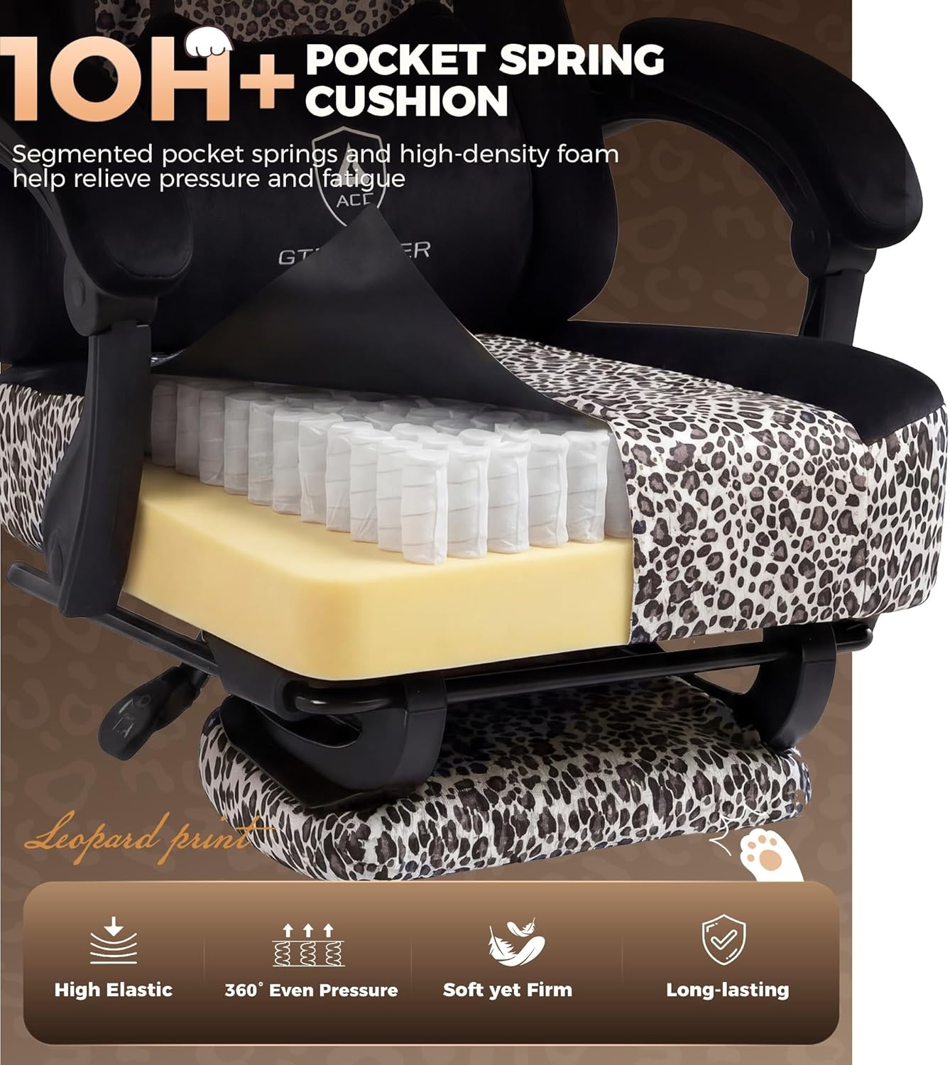 image:imageGTPLAYER Gaming Chair with Leopard Print Cat Cute Velvet Fabric Ergonomic Office Chair with Footrest Headrest and Lumbar Support Big and Tall Comfortable Video Gamer Chair for Women GiftLeopard White