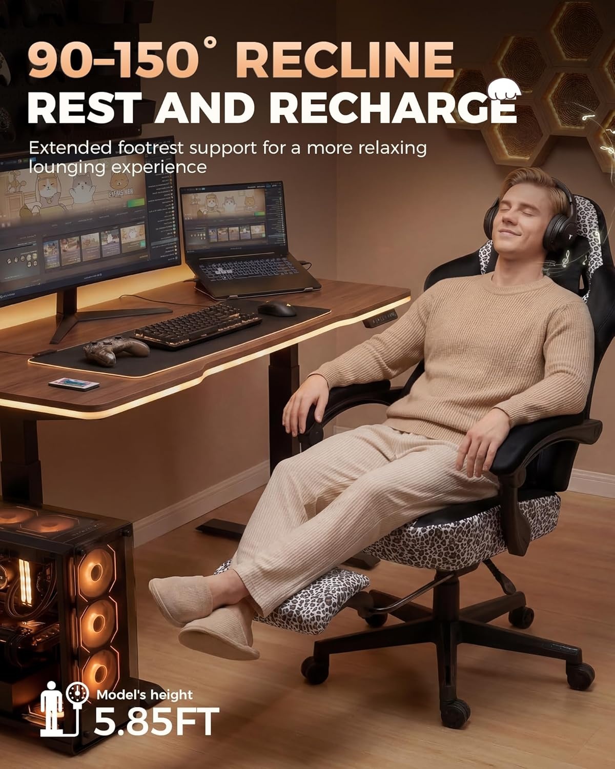 image:imageGTPLAYER Gaming Chair with Leopard Print Cat Cute Velvet Fabric Ergonomic Office Chair with Footrest Headrest and Lumbar Support Big and Tall Comfortable Video Gamer Chair for Women GiftLeopard White