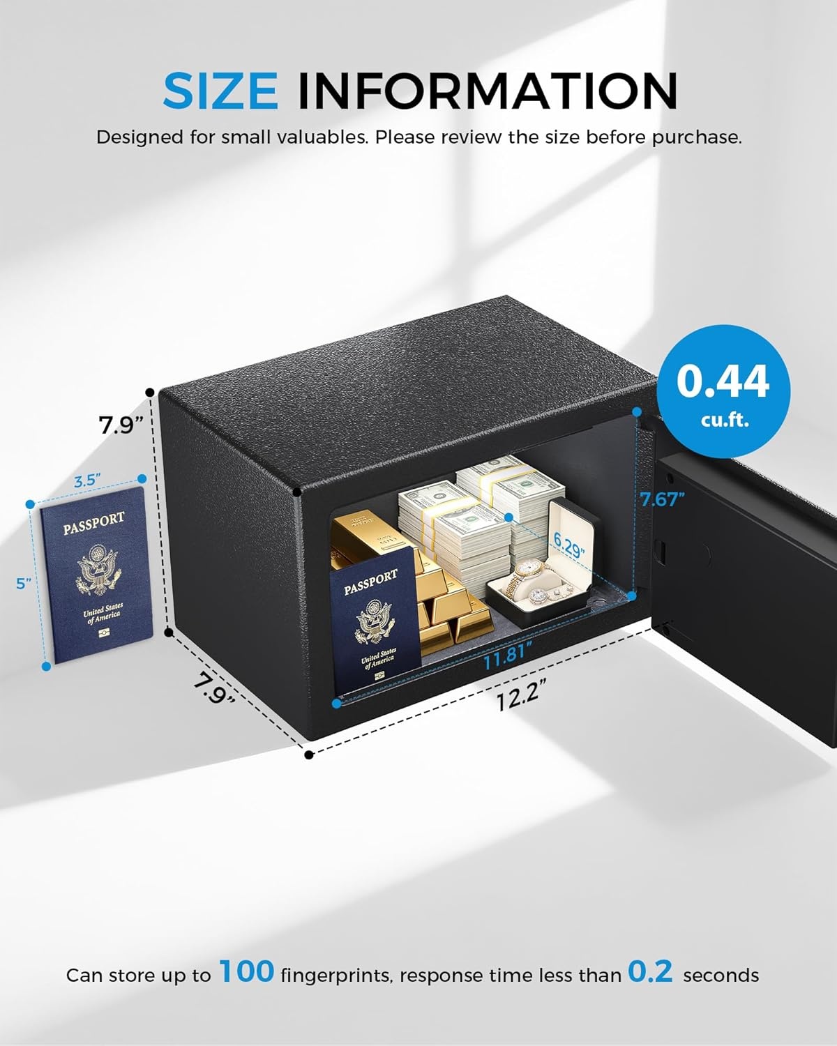 image:imageGTPLAYER Safe Box 044 Cubic Feet for College Dorm Room with Electronic Keypad and Fingerprint Shelf Wall Mount Kit Hidden Home Safe for Money Jewelry and Passport
