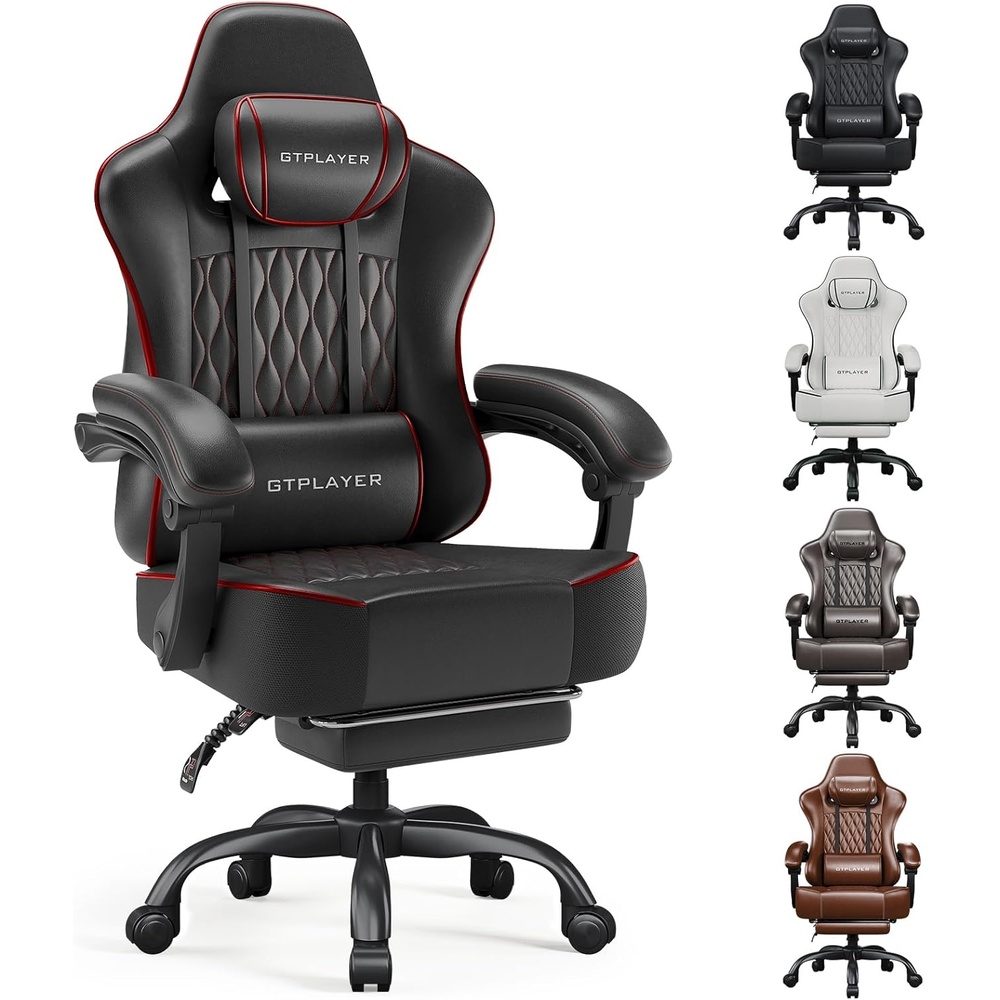 image:imageGTPLAYER Big and Tall Gaming Chair with Footrest Ergonomic Office Desk Chair with 44in Thick Cushion and Wide Wingless Seat Comfortable Leather Computer Chair Predator Series Chocolate BrownBlack Red