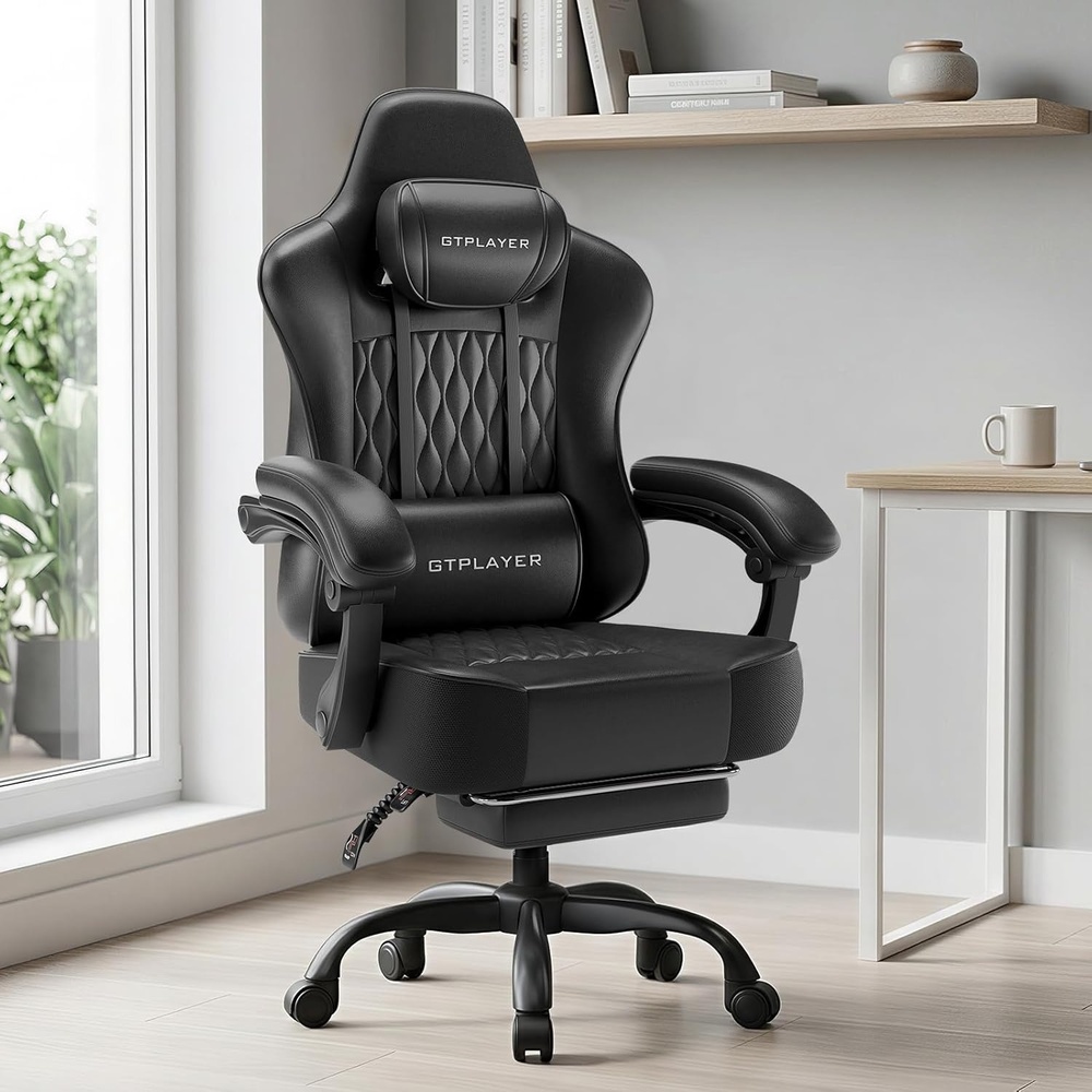 image:imageGTPLAYER Big and Tall Gaming Chair with Footrest Ergonomic Office Desk Chair with 44in Thick Cushion and Wide Wingless Seat Comfortable Leather Computer Chair Predator Series Chocolate BrownSatin Black