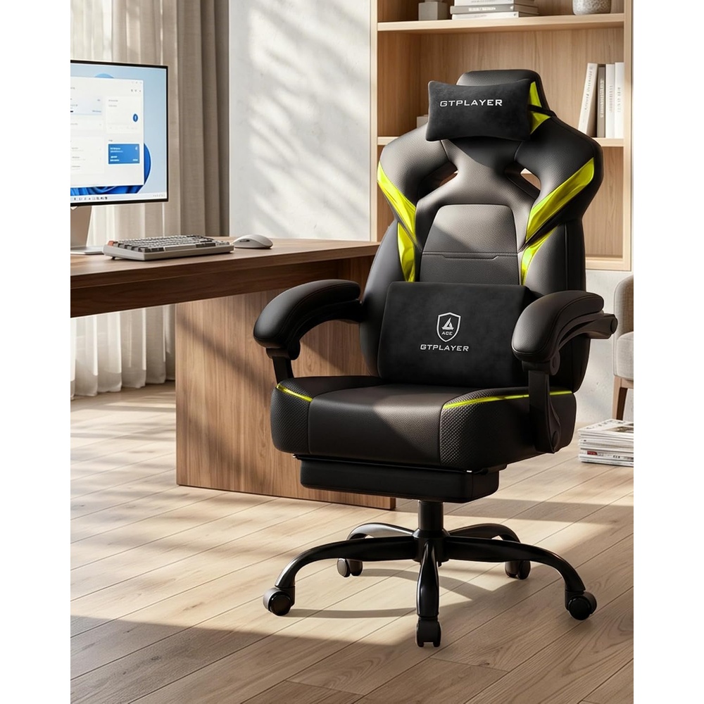 image:imageGTPLAYER Big and Tall Gaming Chair with Footrest High Back Ergonomic Office Chair for Adults Heavy Duty 350 lbs Capacity Premium Leather amp Iridescent Trim ACEArmor YellowYellow