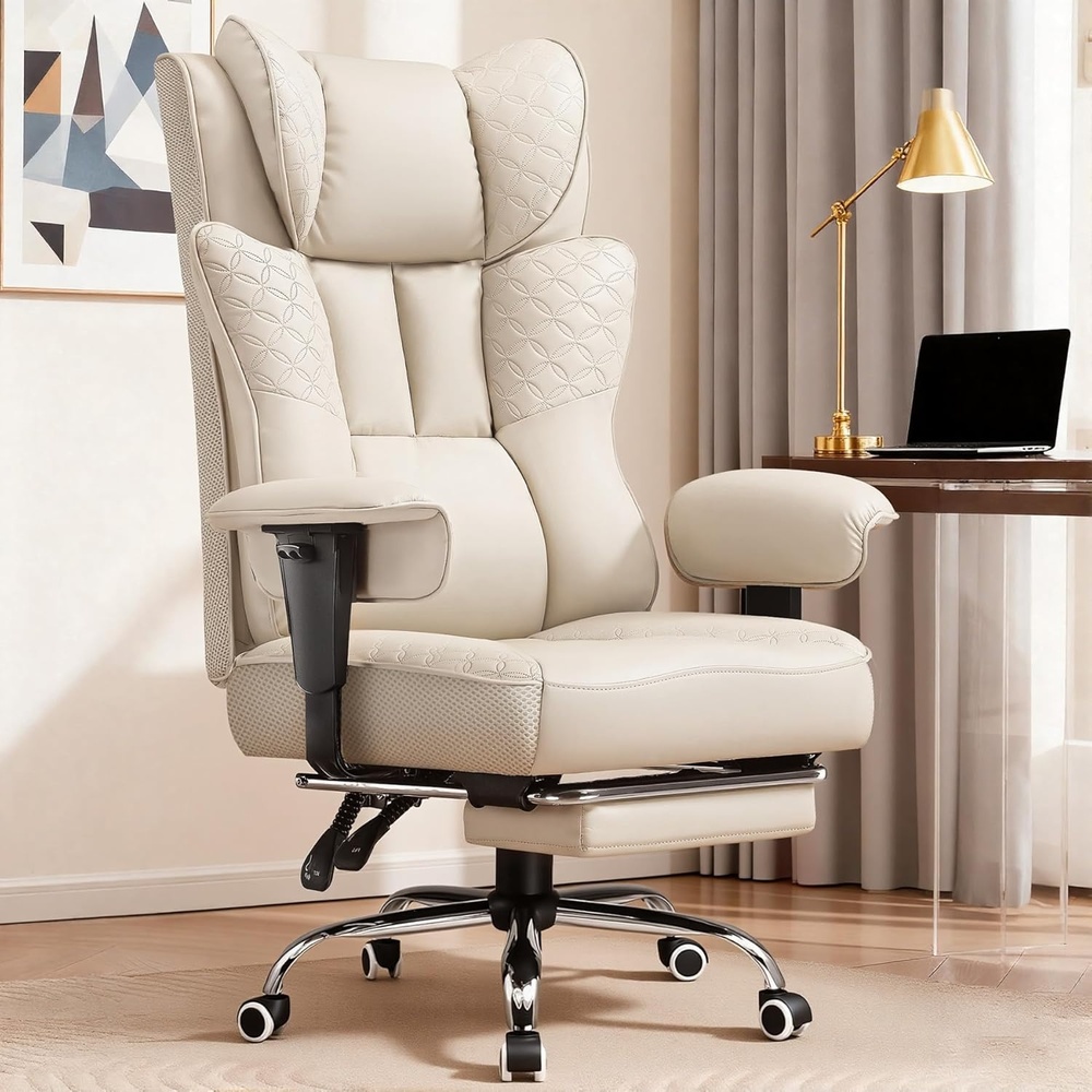image:imageGTPLAYER Big and Tall Office Chair Wide Ergonomic Gaming Chair with Deluxe Embossing Designed Leather with Foot Rest150Reclining Adjustable Soft Armrests Pocket Spring Back Support and PillowPubeige