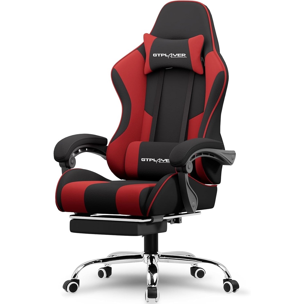 image:imageGTPLAYER Gaming Chair Computer Chair with Footrest and Lumbar Support Height Adjustable Game Chair with 360Swivel Seat and Headrest and for Office or Gaming WhiteFabric Red