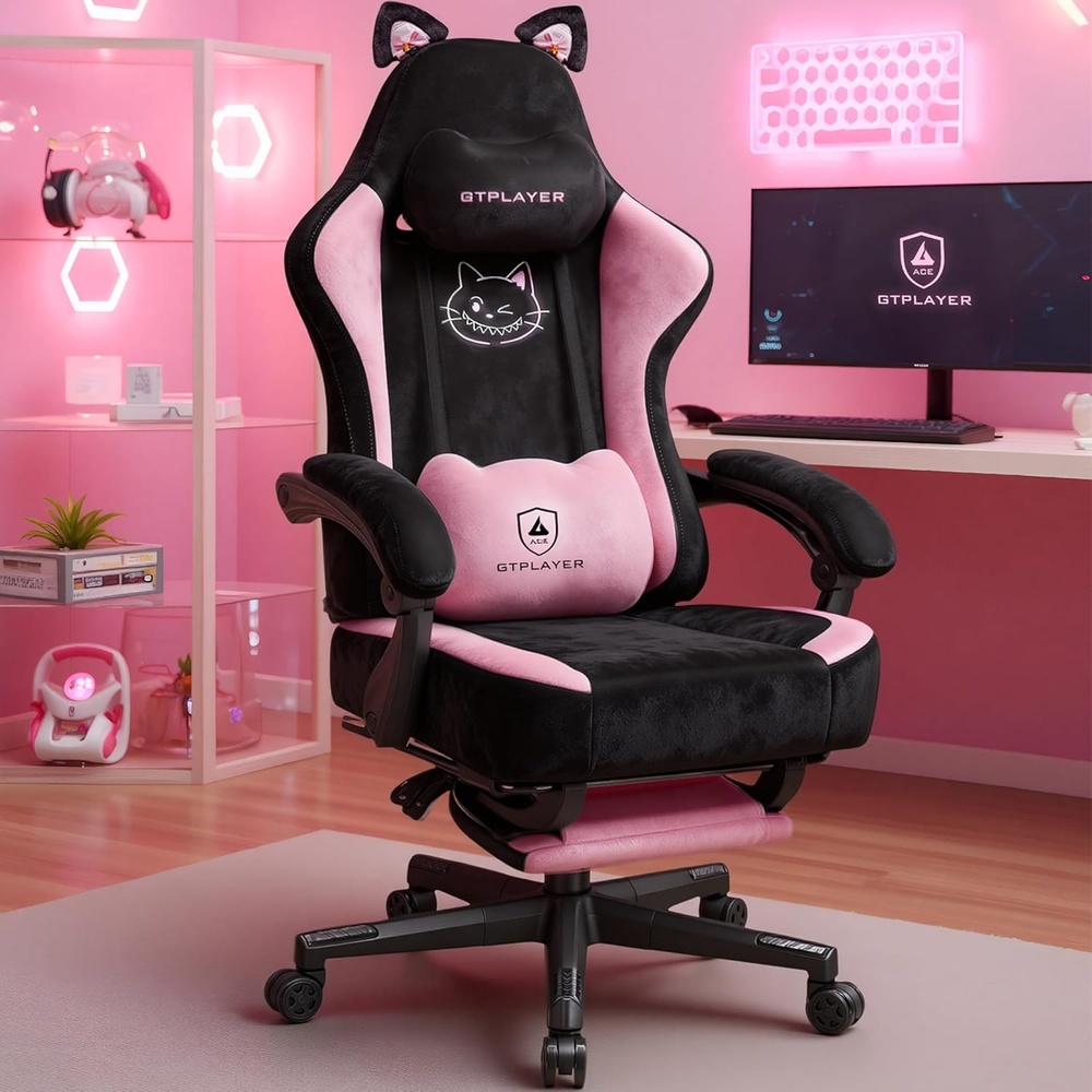 image:imageGTPLAYER Gaming Chair Office Chair High Back Computer Chair with Foot Rest for Adults Leather Desk Chair Executive Ergonomic Height Adjustable with Headrest and Lumbar Support 300lbs BlackPink