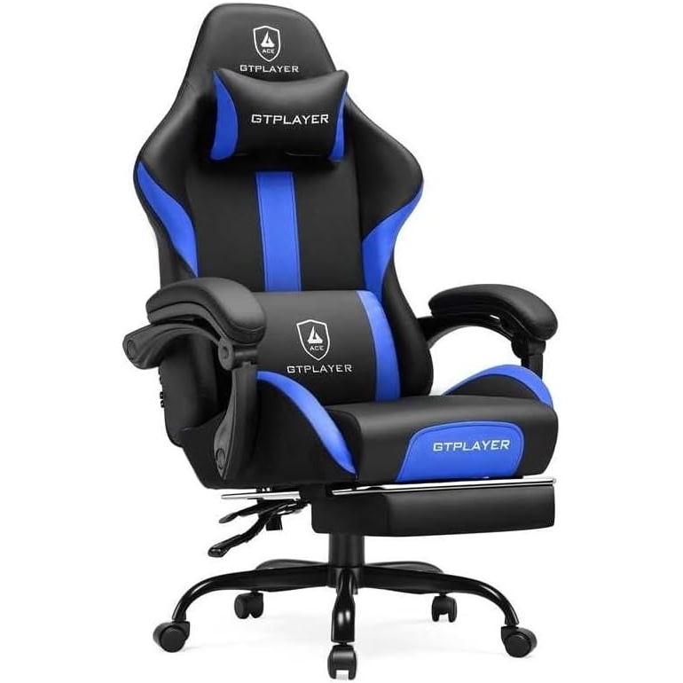 image:imageGTPLAYER Gaming Chair with Foot Rest amp Pocket Spring Cushion Ergonomic High Back Computer Desk Chair with Headrest amp Lumbar Support for Back Pain Relief Breathable Fabric MistBlueCobaltblue