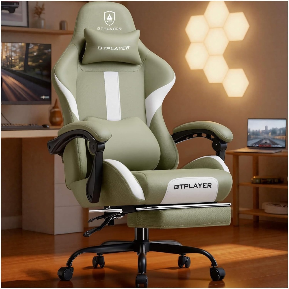 image:imageGTPLAYER Gaming Chair with Foot Rest amp Pocket Spring Cushion Ergonomic High Back Computer Desk Chair with Headrest amp Lumbar Support for Back Pain Relief Breathable Fabric MistBlueGreen