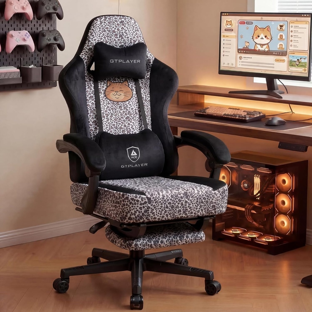 image:imageGTPLAYER Gaming Chair with Leopard Print Cat Cute Velvet Fabric Ergonomic Office Chair with Footrest Headrest and Lumbar Support Big and Tall Comfortable Video Gamer Chair for Women GiftLeopard White