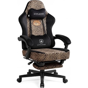 image:imageGTPLAYER Gaming Chair with Leopard Print Cat Cute Velvet Fabric Ergonomic Office Chair with Footrest Headrest and Lumbar Support Big and Tall Comfortable Video Gamer Chair for Women GiftLeopard Retro Bn