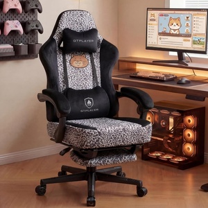 image:imageGTPLAYER Gaming Chair with Leopard Print Cat Cute Velvet Fabric Ergonomic Office Chair with Footrest Headrest and Lumbar Support Big and Tall Comfortable Video Gamer Chair for Women GiftLeopard White