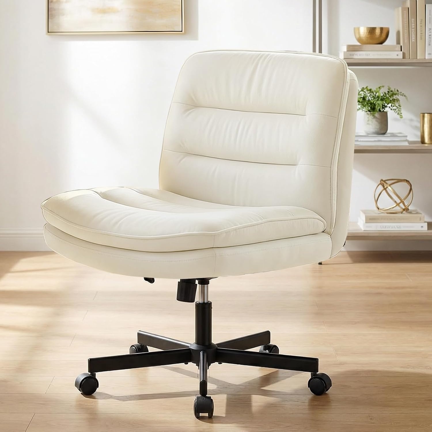 image:imageGTPLAYER Cross Legged Office Chair Armless Desk Chair Cute Vanity Chair with Wheels Computer Chair Comfy Wide Office Chair Adjustable Swivel for Home Computer Task Soft Velvet Beige