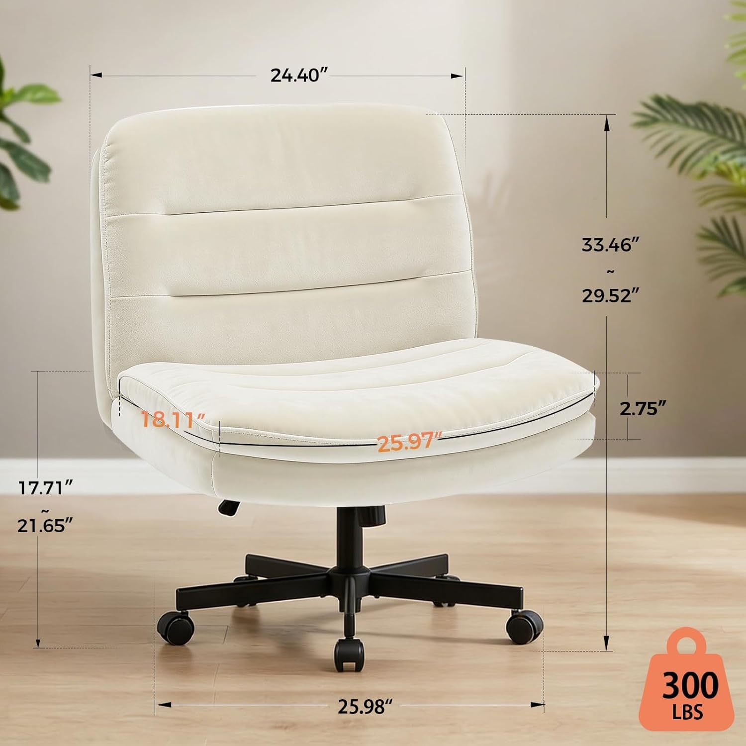 image:imageGTPLAYER Cross Legged Office Chair Armless Desk Chair Cute Vanity Chair with Wheels Computer Chair Comfy Wide Office Chair Adjustable Swivel for Home Computer Task Soft Velvet Beige