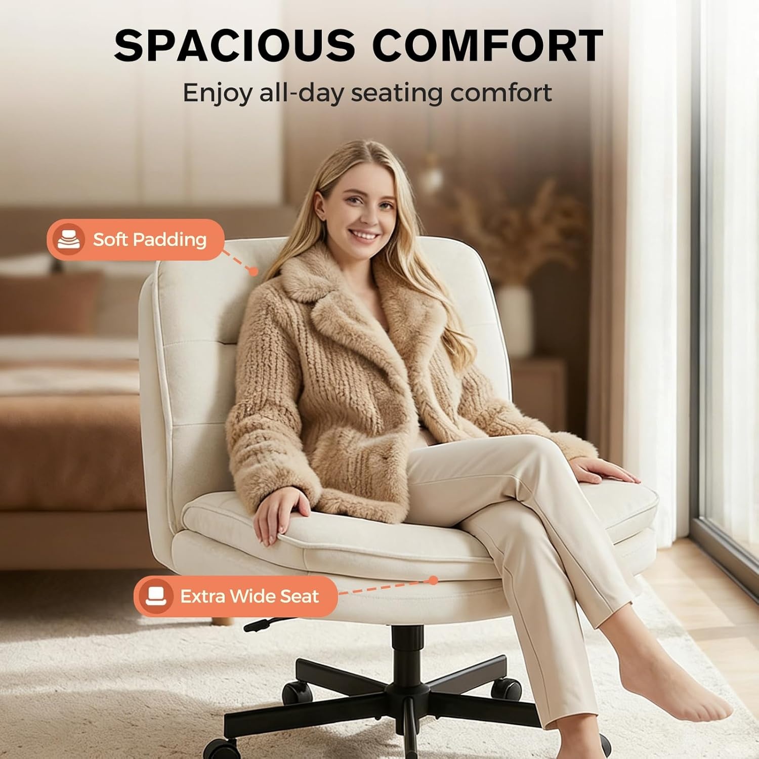 image:imageGTPLAYER Cross Legged Office Chair Armless Desk Chair Cute Vanity Chair with Wheels Computer Chair Comfy Wide Office Chair Adjustable Swivel for Home Computer Task Soft Velvet Beige