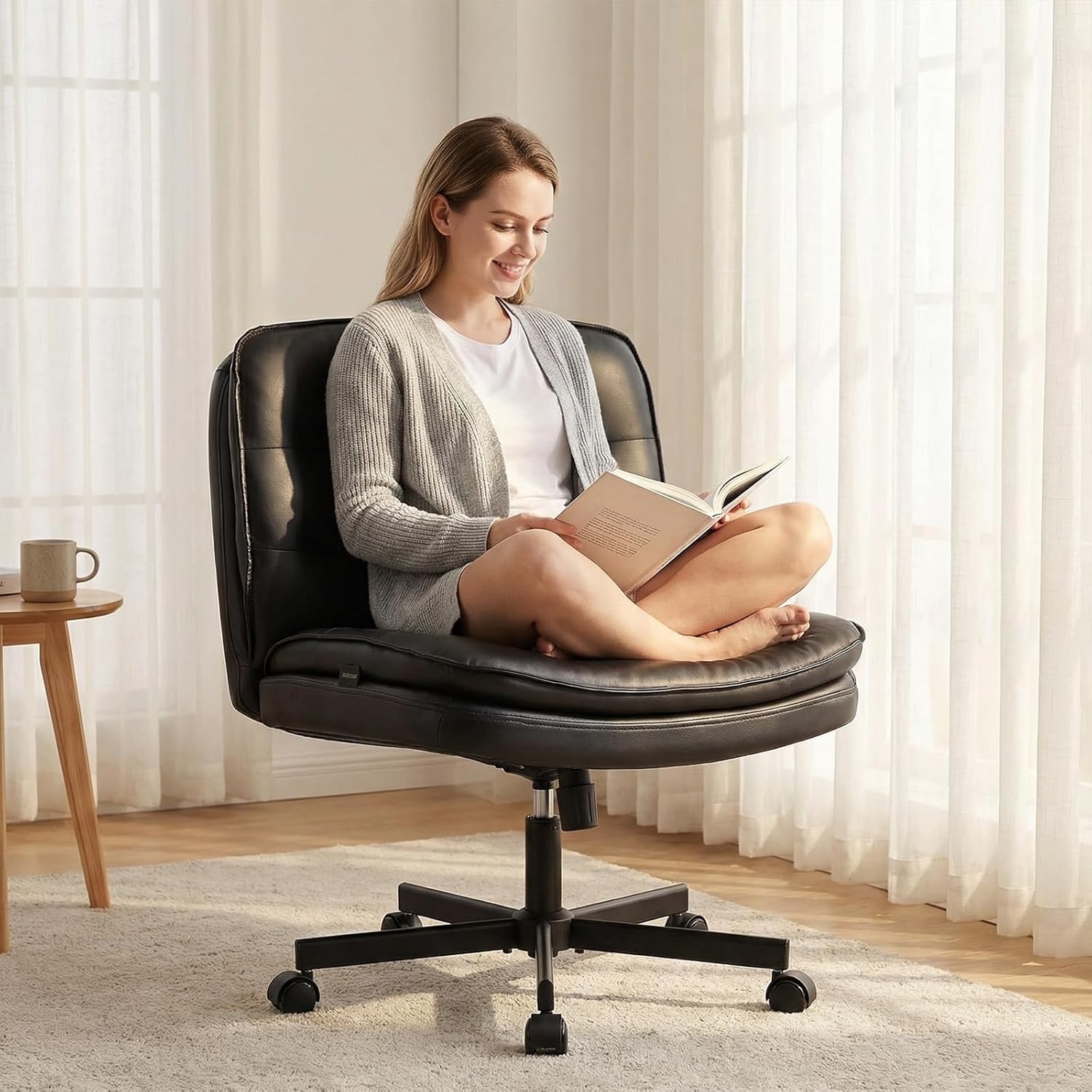 image:imageGTPLAYER Cross Legged Office Chair Armless Desk Chair Cute Vanity Chair with Wheels Computer Chair Comfy Wide Office Chair Adjustable Swivel for Home Computer TaskSoft Velvet GreyPulight Black