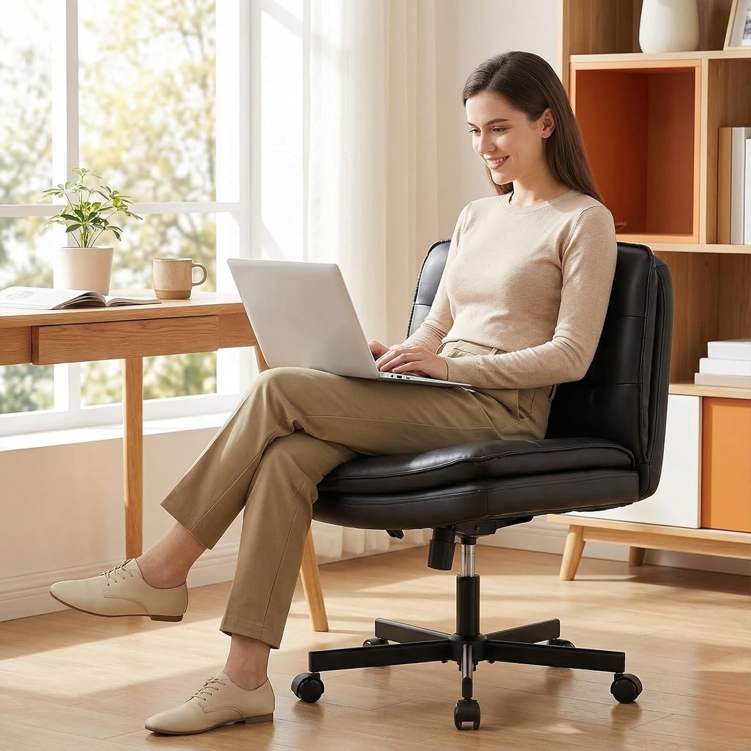 image:imageGTPLAYER Cross Legged Office Chair Armless Desk Chair Cute Vanity Chair with Wheels Computer Chair Comfy Wide Office Chair Adjustable Swivel for Home Computer TaskSoft Velvet GreyPulight Black